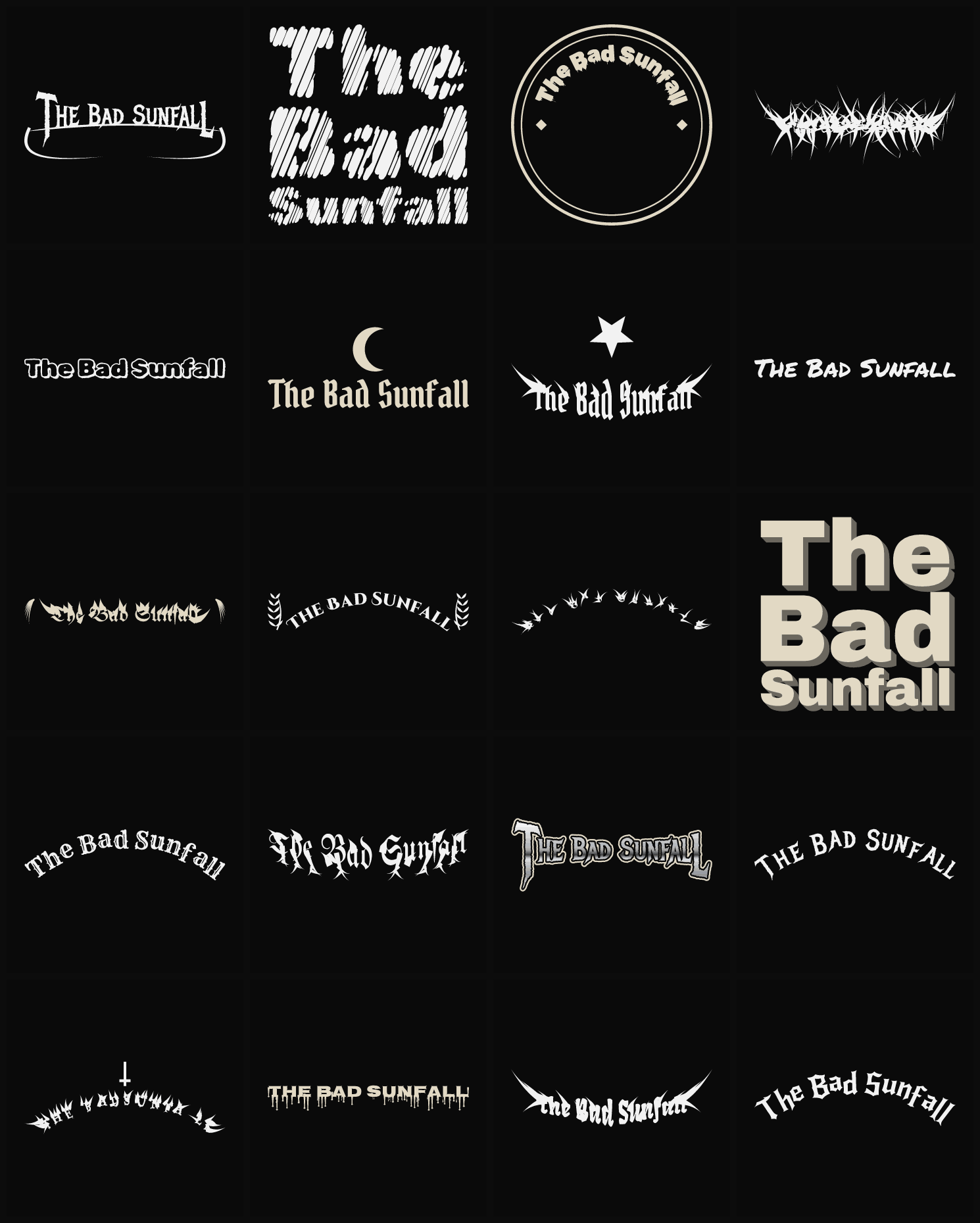 Twenty The Bad Sunfall band logo ideas — different faces, treatments and spike settings