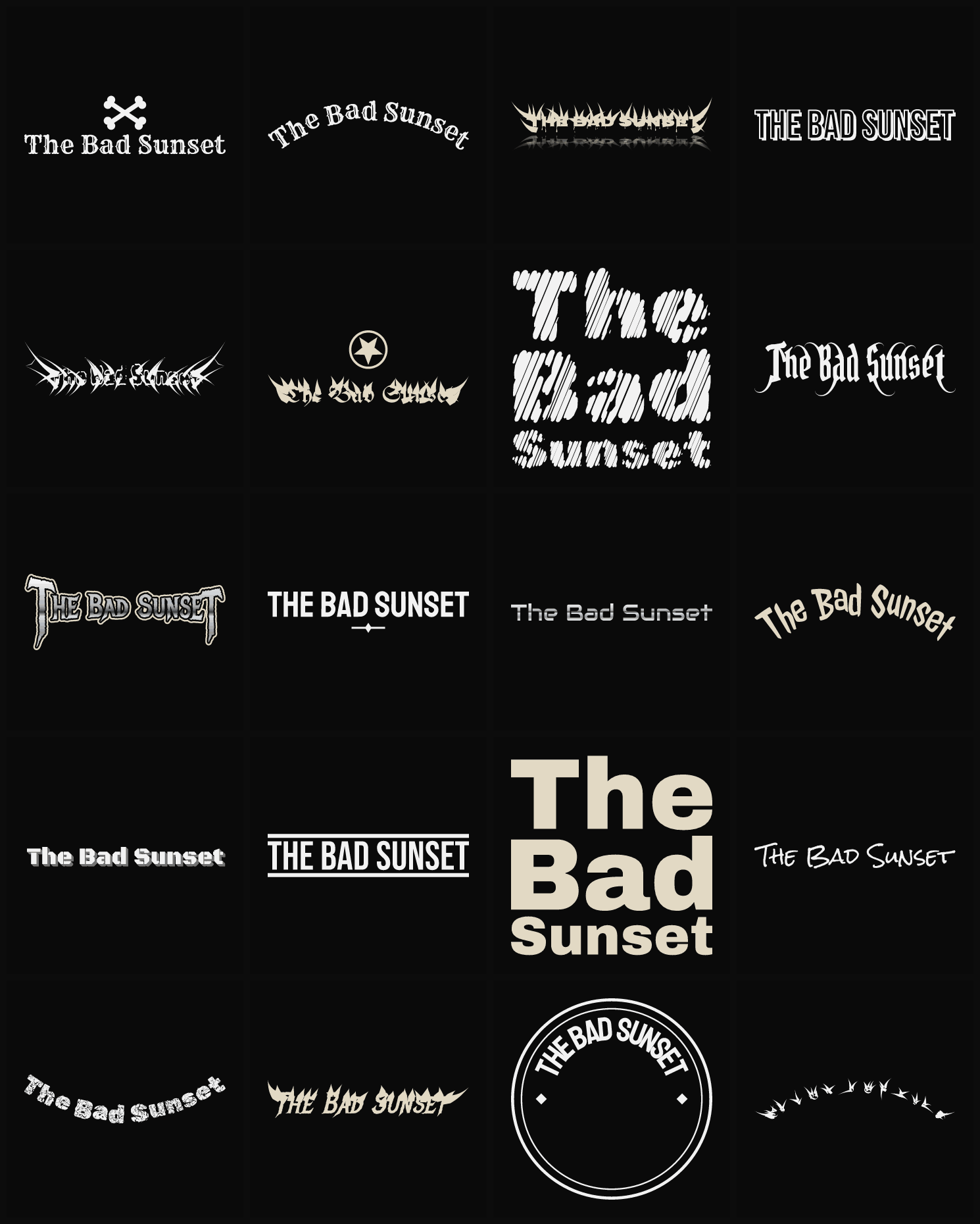 Twenty The Bad Sunset band logo ideas — different faces, treatments and spike settings