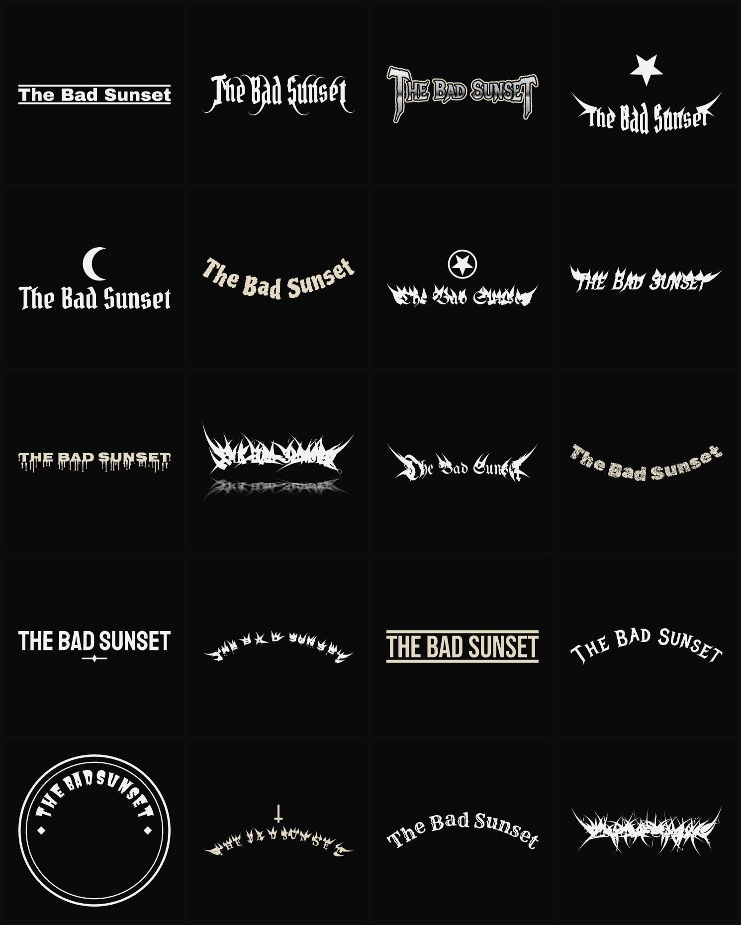 Twenty The Bad Sunset band logo ideas — different faces, treatments and spike settings