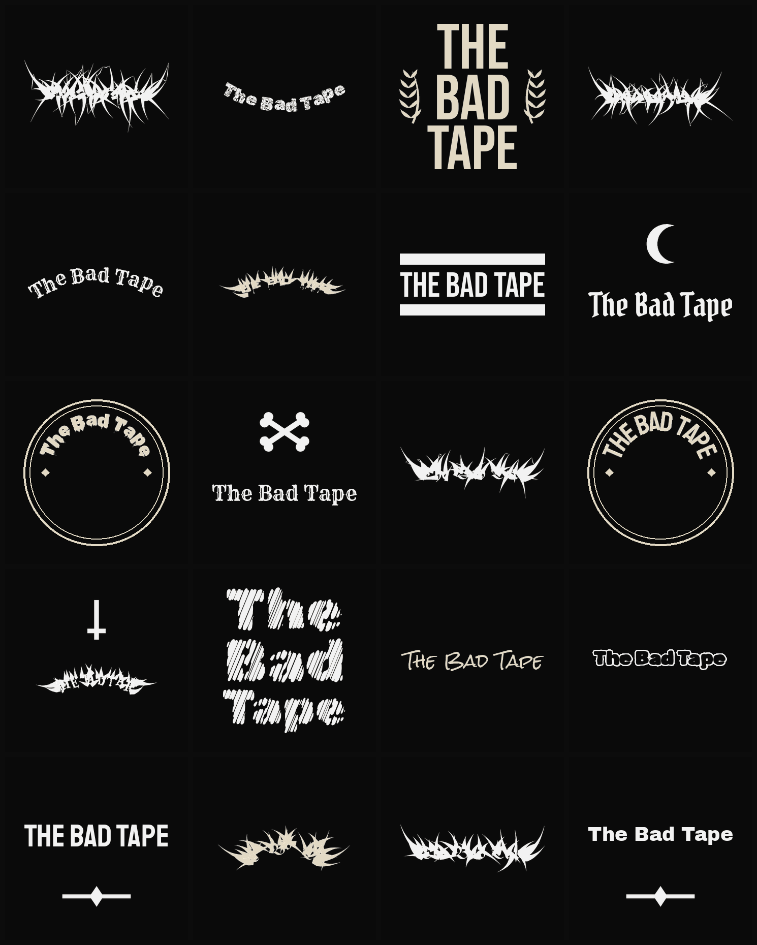 Twenty The Bad Tape band logo ideas — different faces, treatments and spike settings