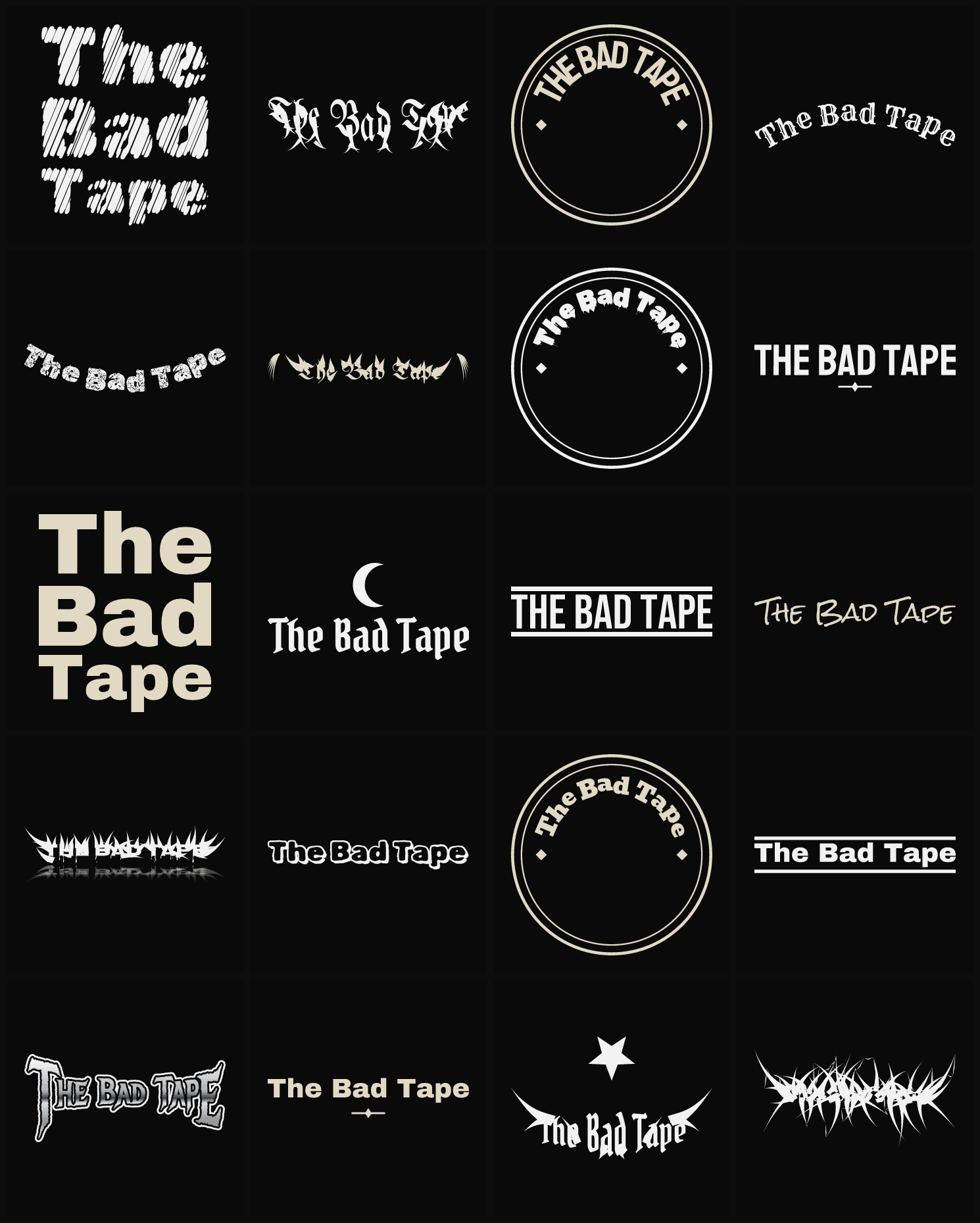 Twenty The Bad Tape band logo ideas — different faces, treatments and spike settings