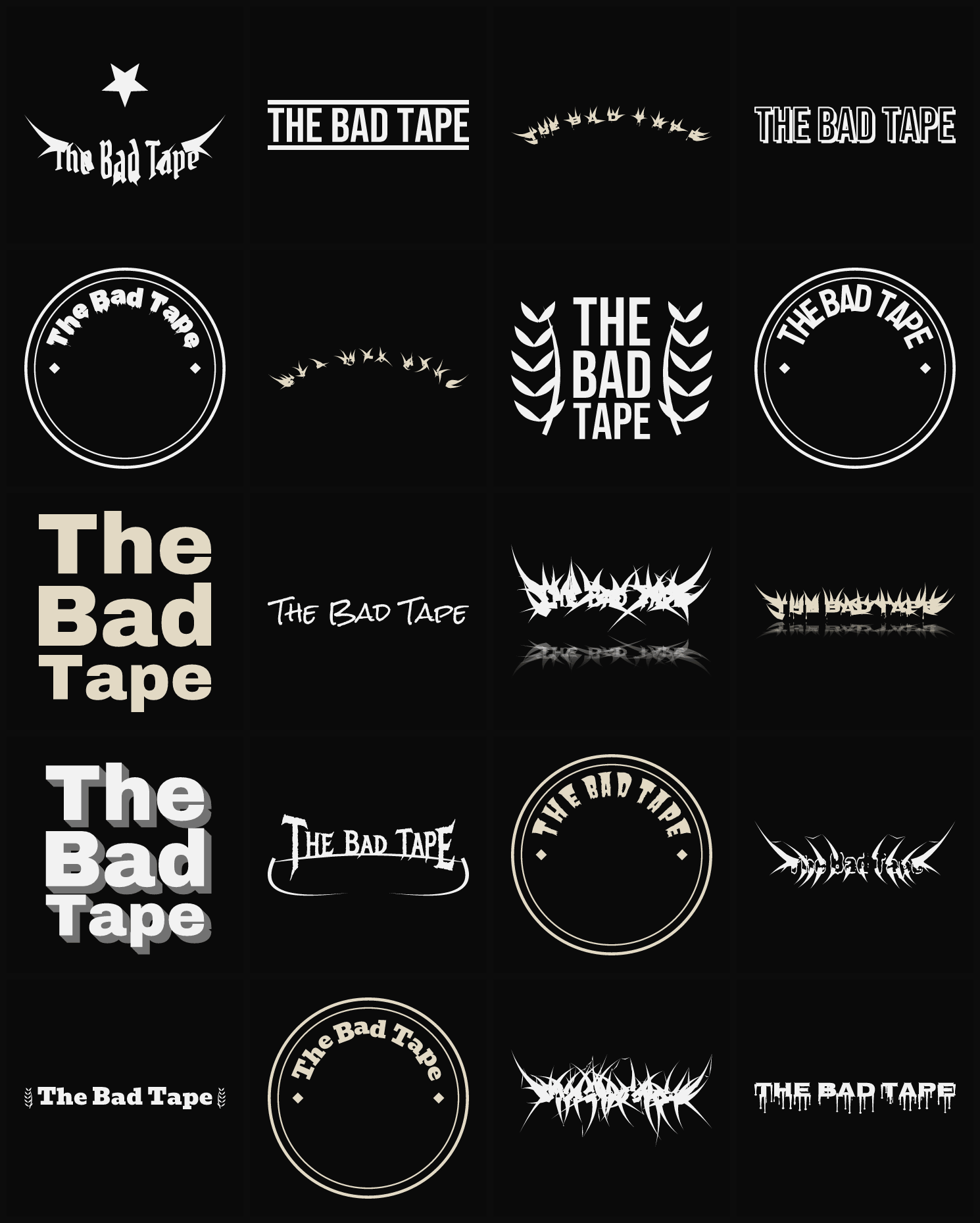 Twenty The Bad Tape band logo ideas — different faces, treatments and spike settings