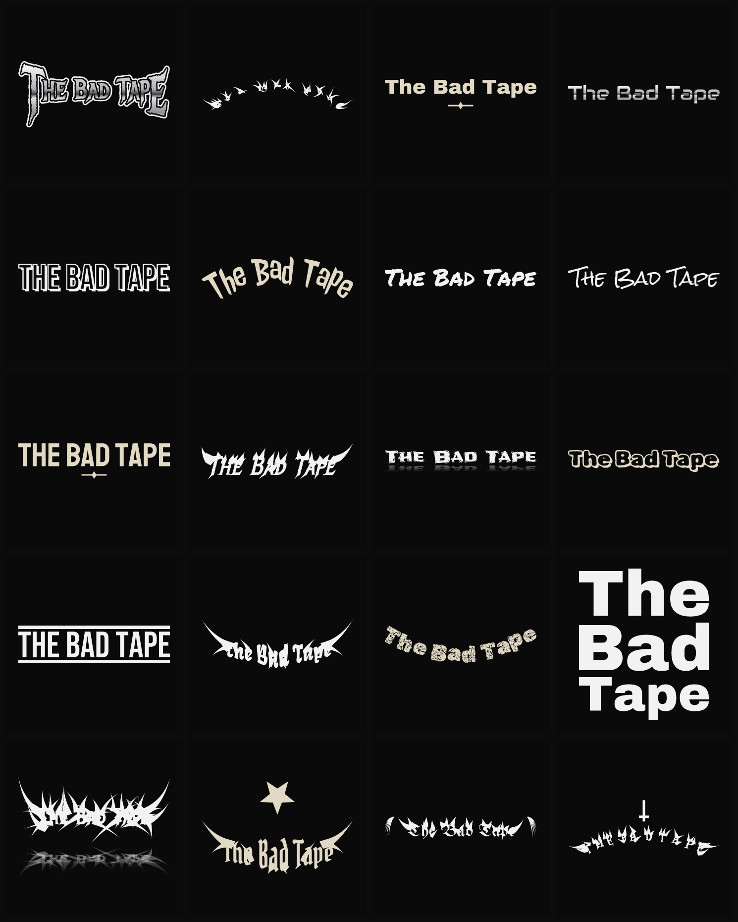 Twenty The Bad Tape band logo ideas — different faces, treatments and spike settings