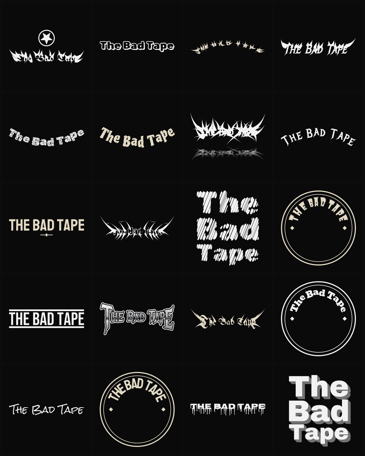 Twenty The Bad Tape band logo ideas — different faces, treatments and spike settings