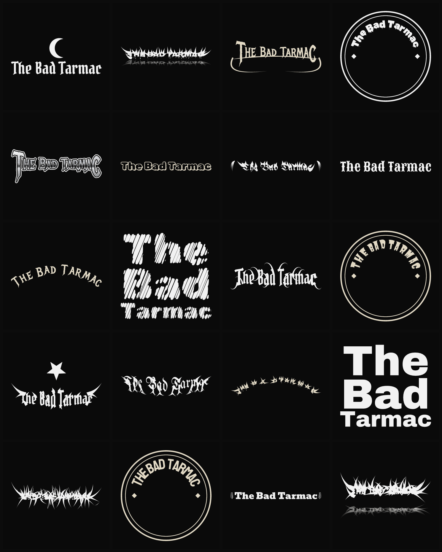 Twenty The Bad Tarmac band logo ideas — different faces, treatments and spike settings