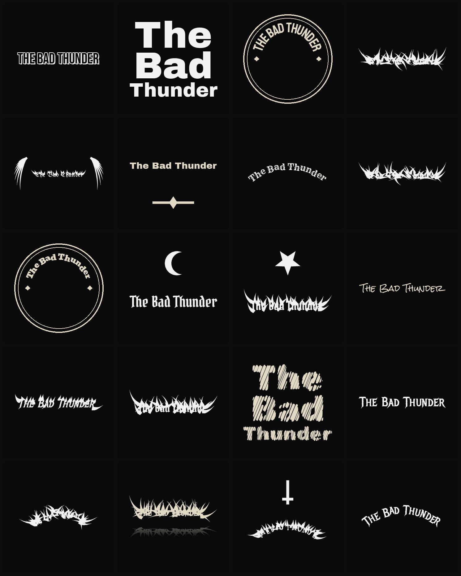 Twenty The Bad Thunder band logo ideas — different faces, treatments and spike settings