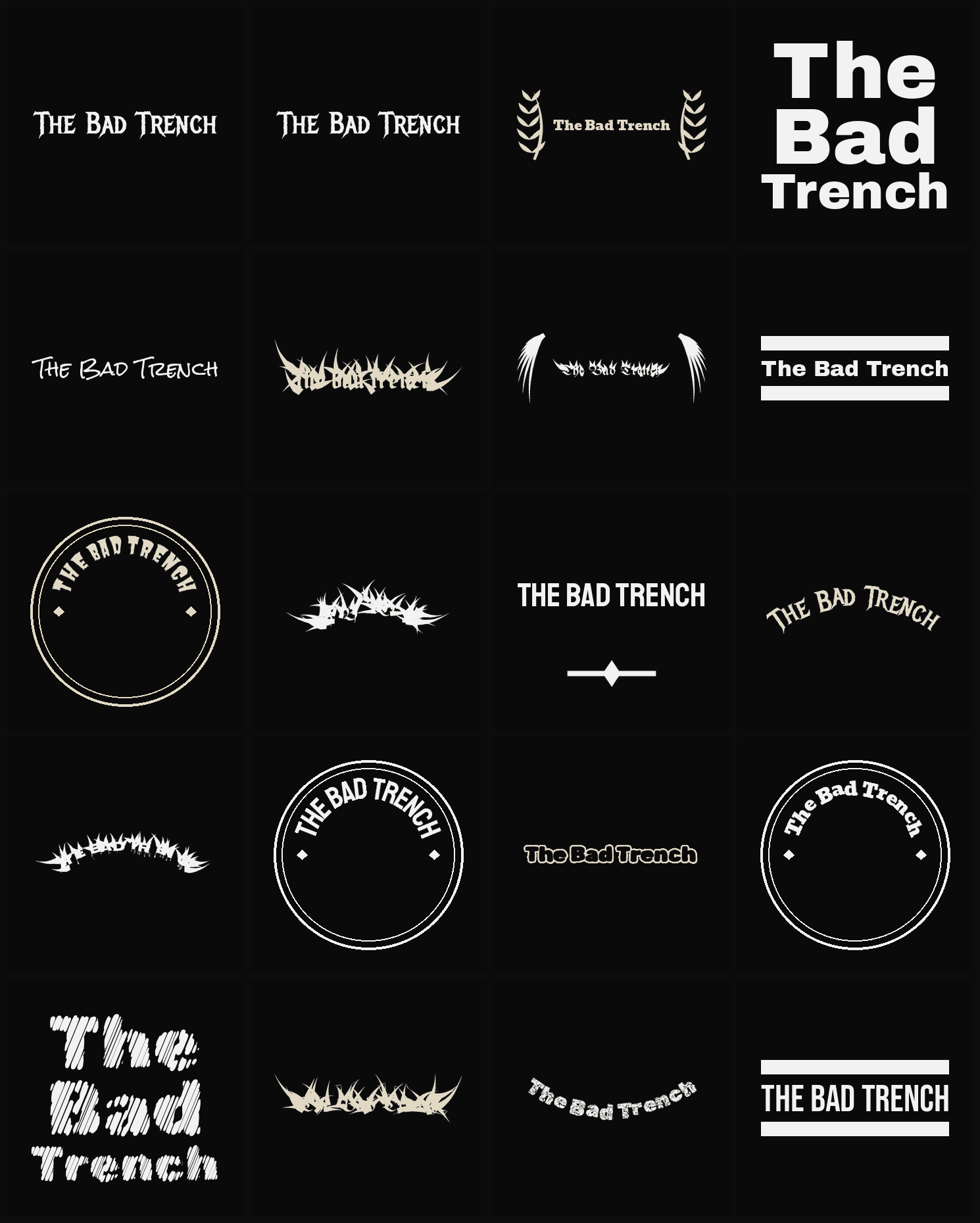 Twenty The Bad Trench band logo ideas — different faces, treatments and spike settings