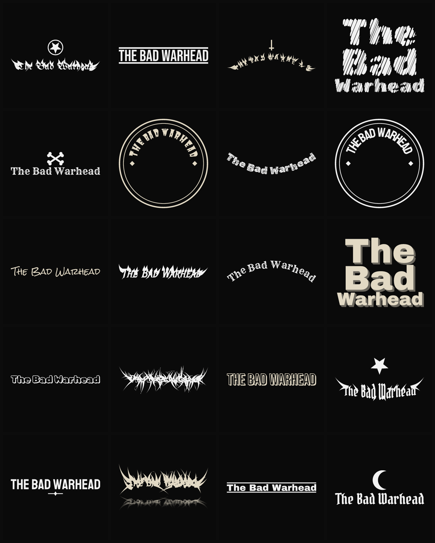 Twenty The Bad Warhead band logo ideas — different faces, treatments and spike settings