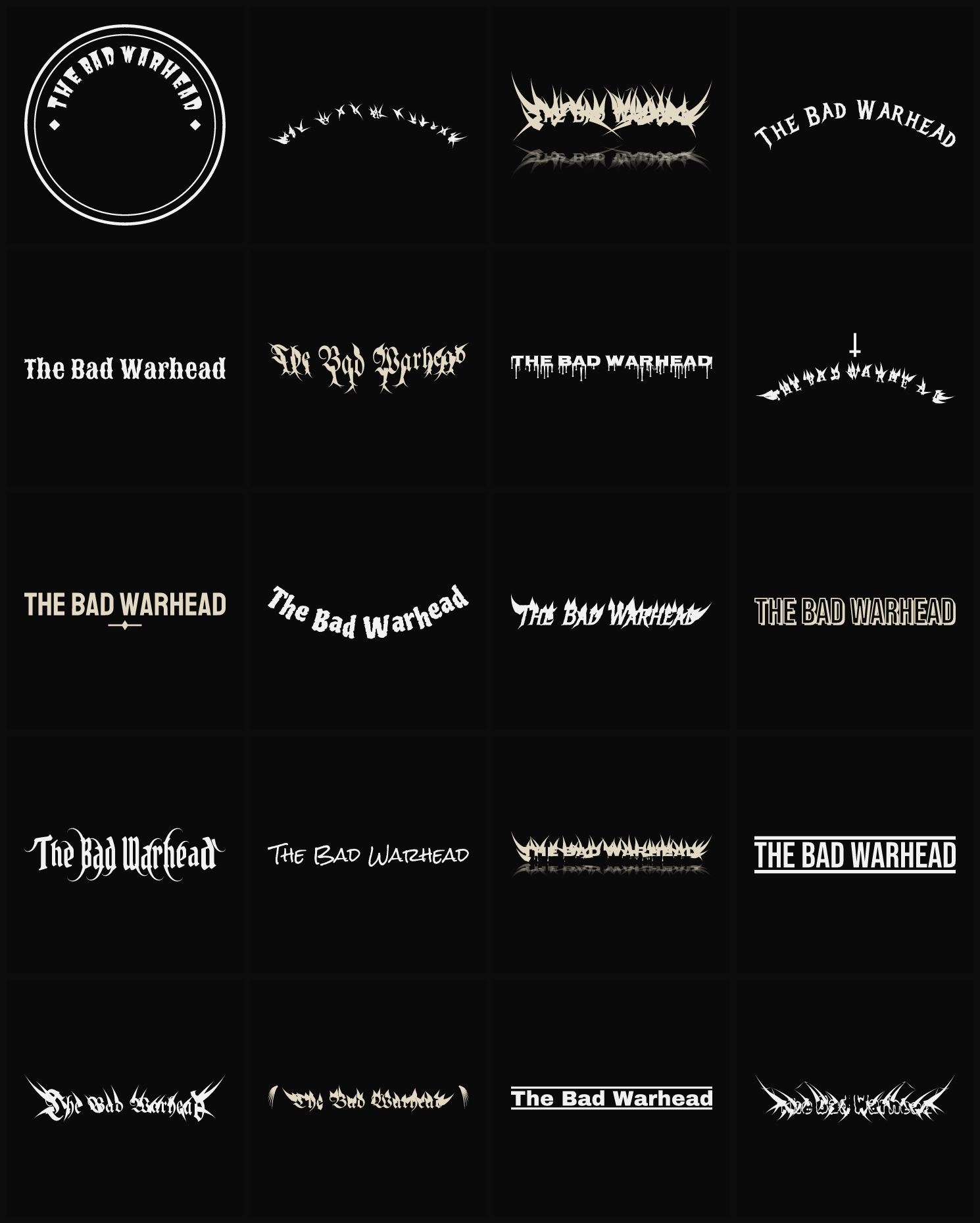 Twenty The Bad Warhead band logo ideas — different faces, treatments and spike settings