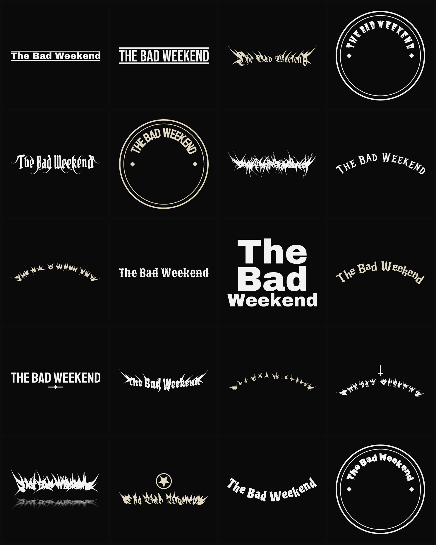 Twenty The Bad Weekend band logo ideas — different faces, treatments and spike settings
