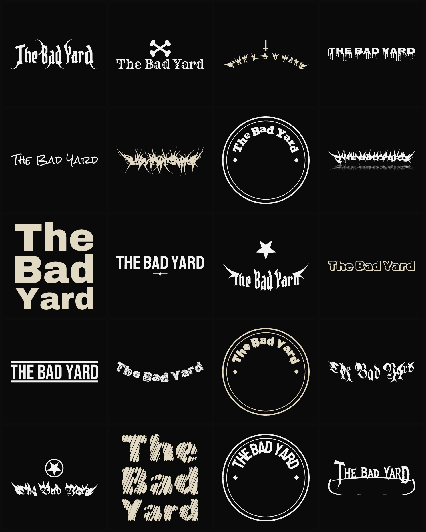Twenty The Bad Yard band logo ideas — different faces, treatments and spike settings