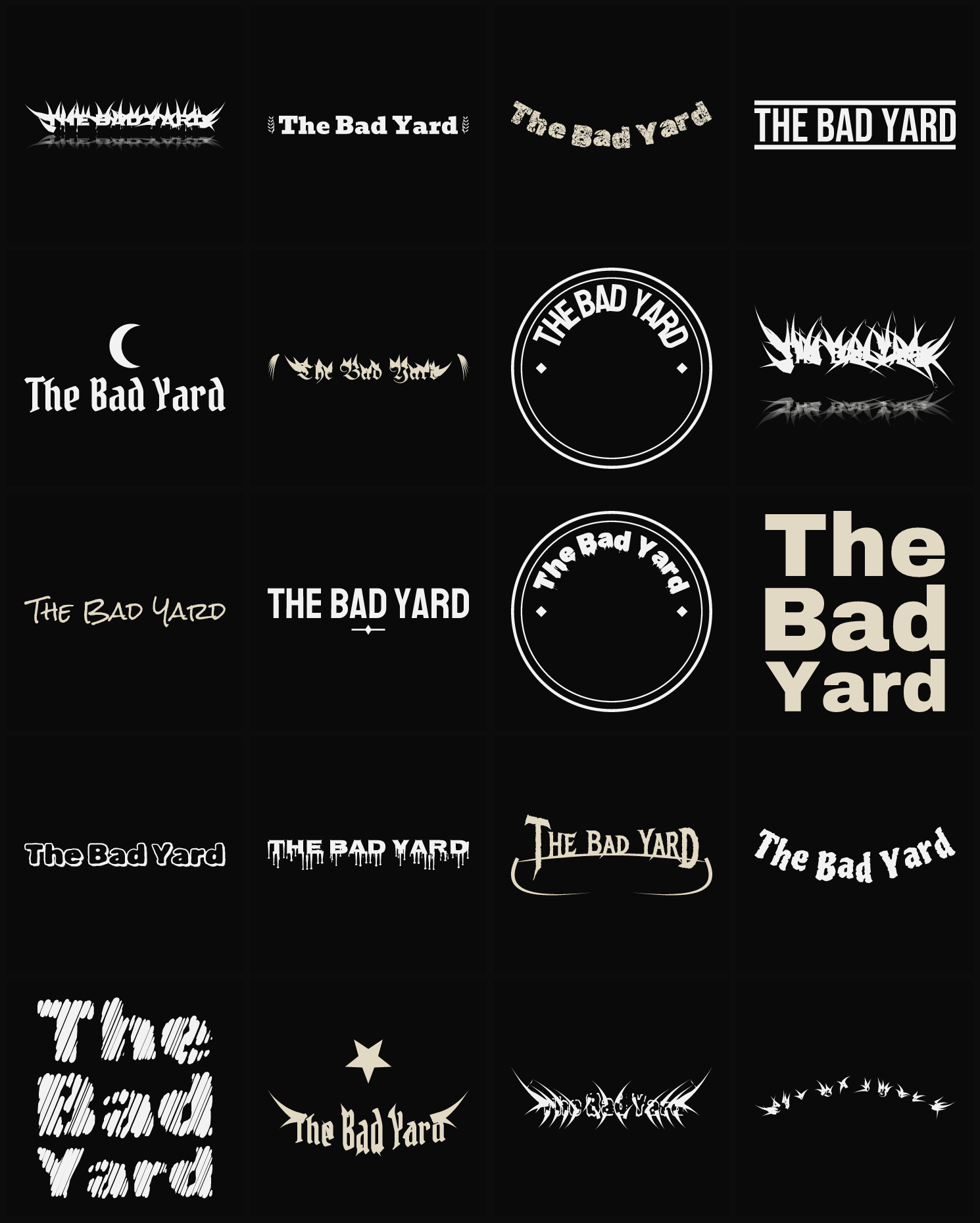 Twenty The Bad Yard band logo ideas — different faces, treatments and spike settings
