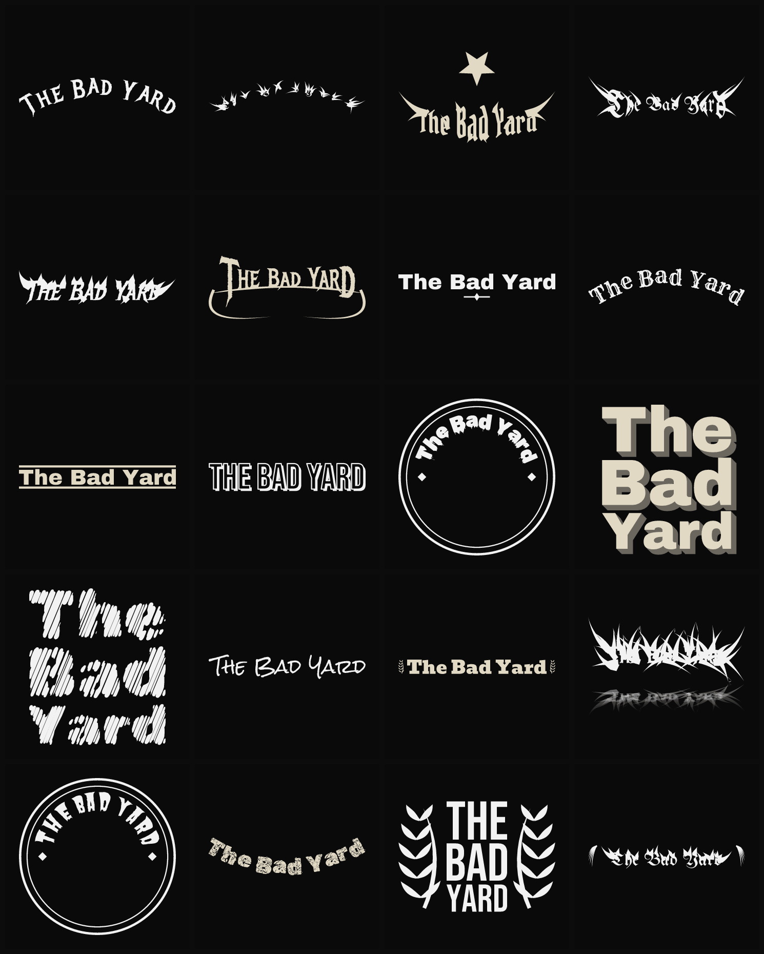 Twenty The Bad Yard band logo ideas — different faces, treatments and spike settings