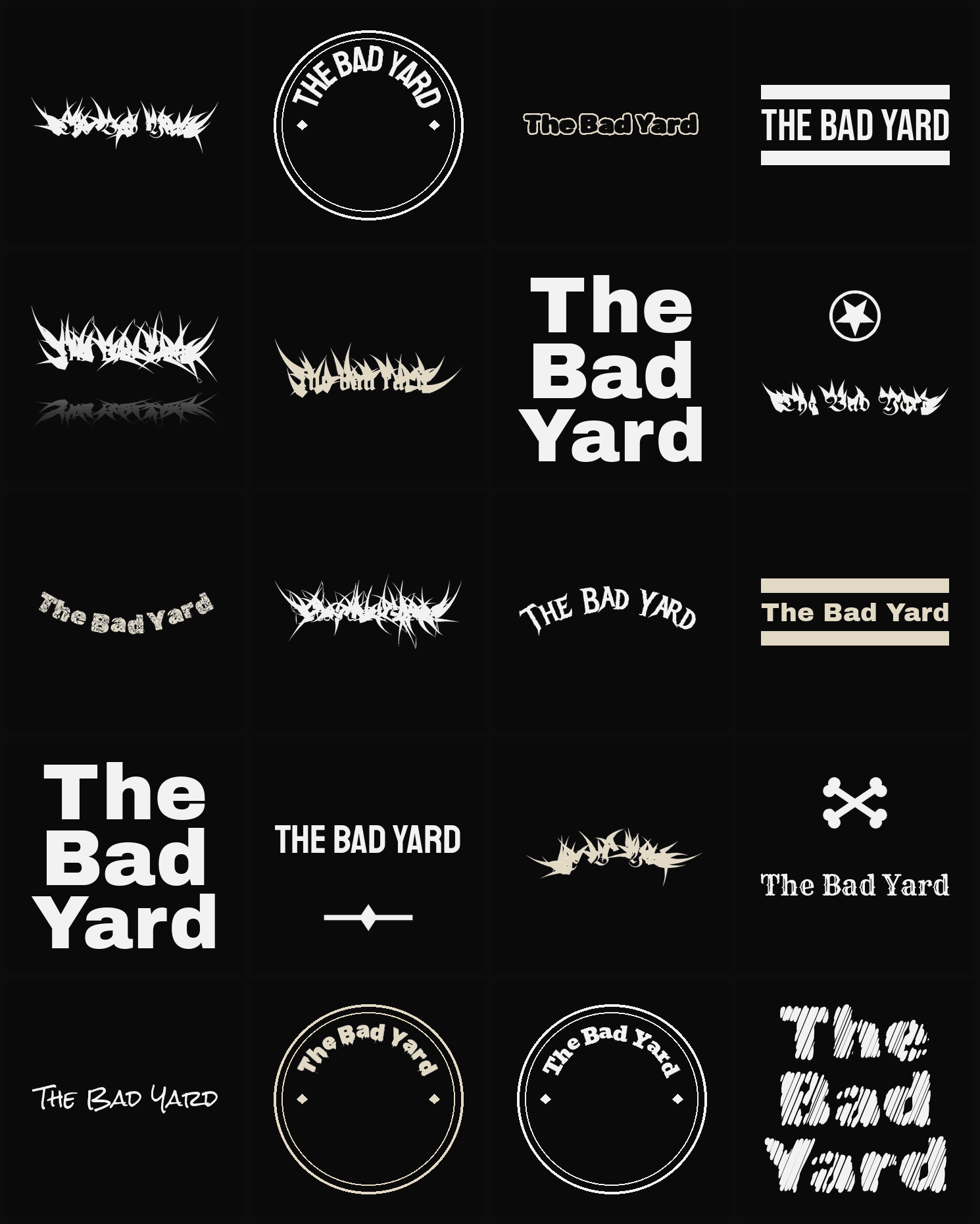 Twenty The Bad Yard band logo ideas — different faces, treatments and spike settings