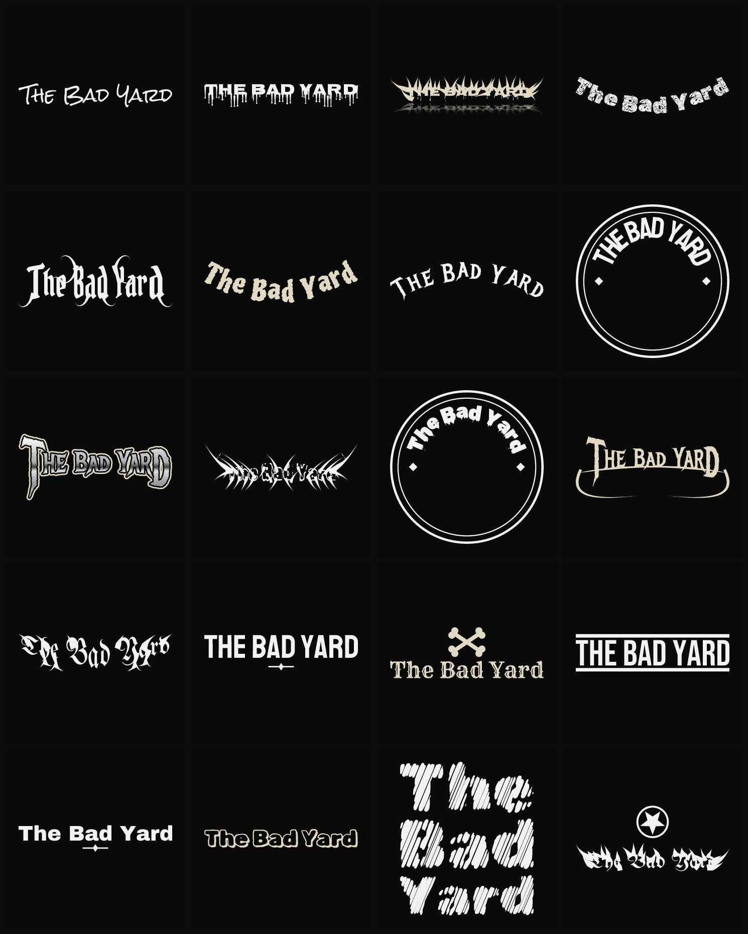Twenty The Bad Yard band logo ideas — different faces, treatments and spike settings
