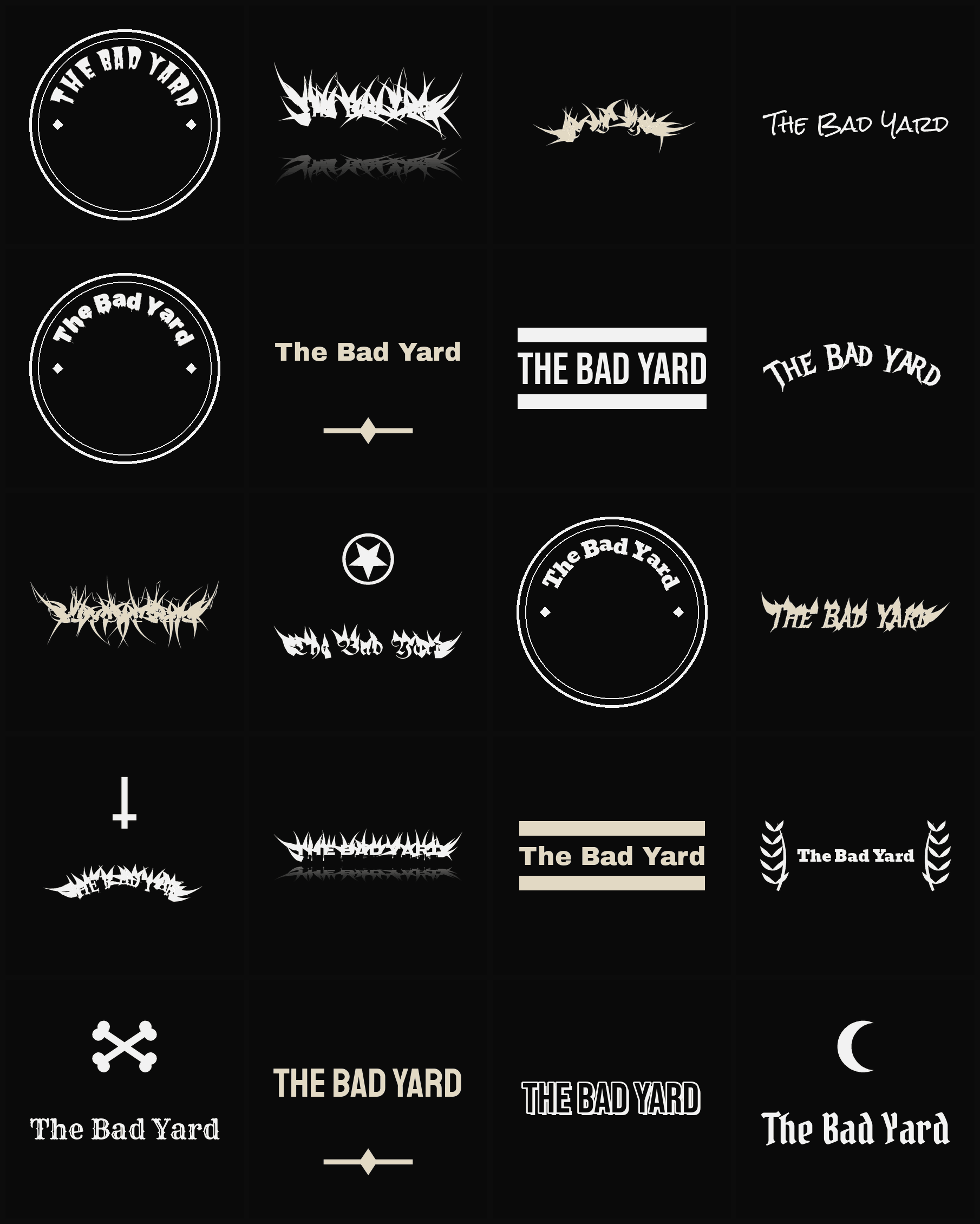 Twenty The Bad Yard band logo ideas — different faces, treatments and spike settings