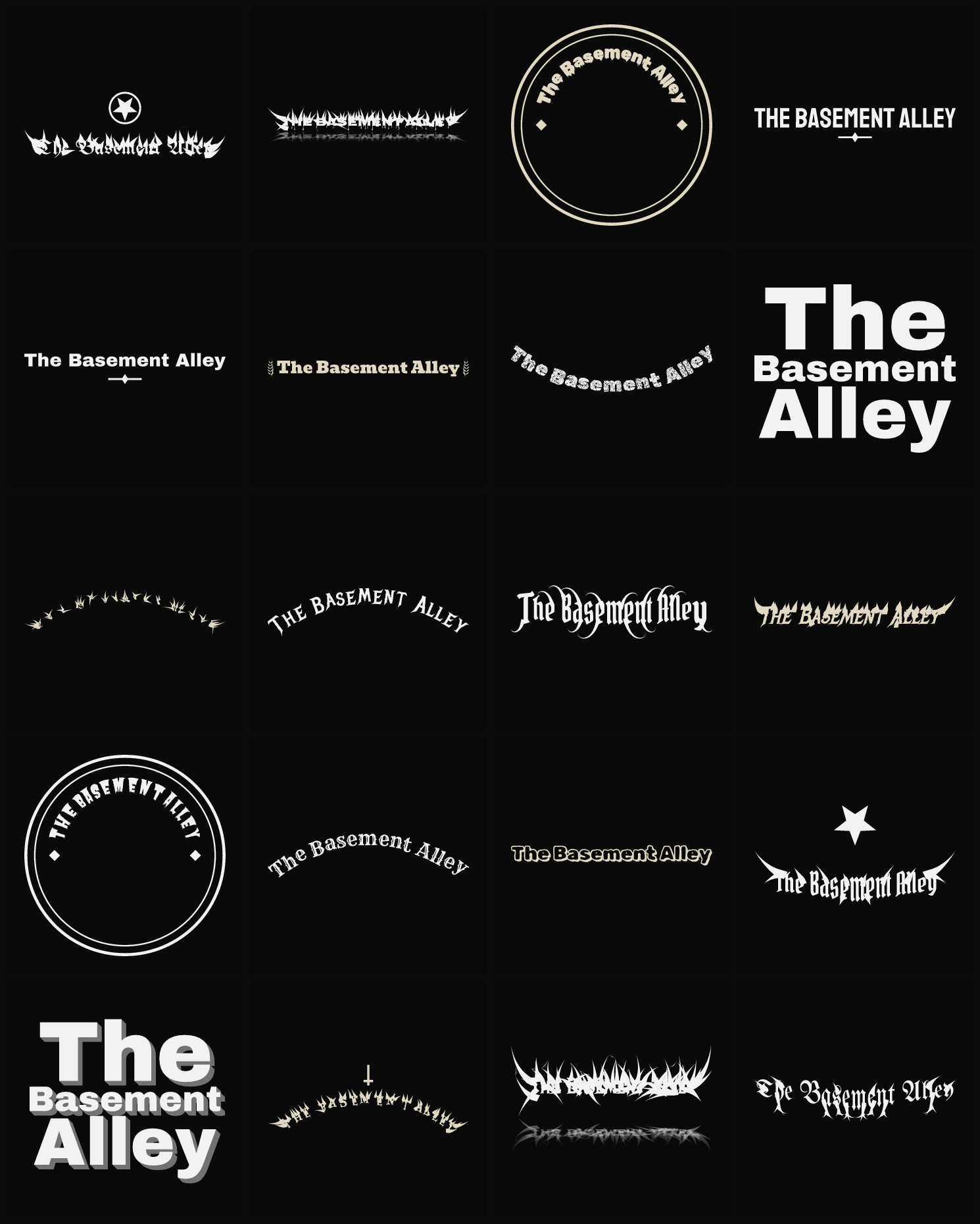 Twenty The Basement Alley band logo ideas — different faces, treatments and spike settings