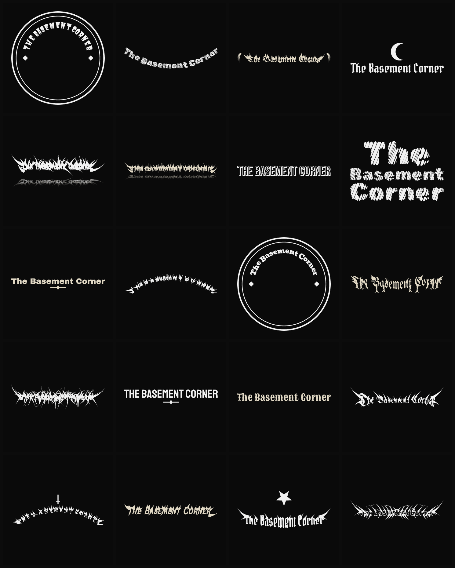 Twenty The Basement Corner band logo ideas — different faces, treatments and spike settings