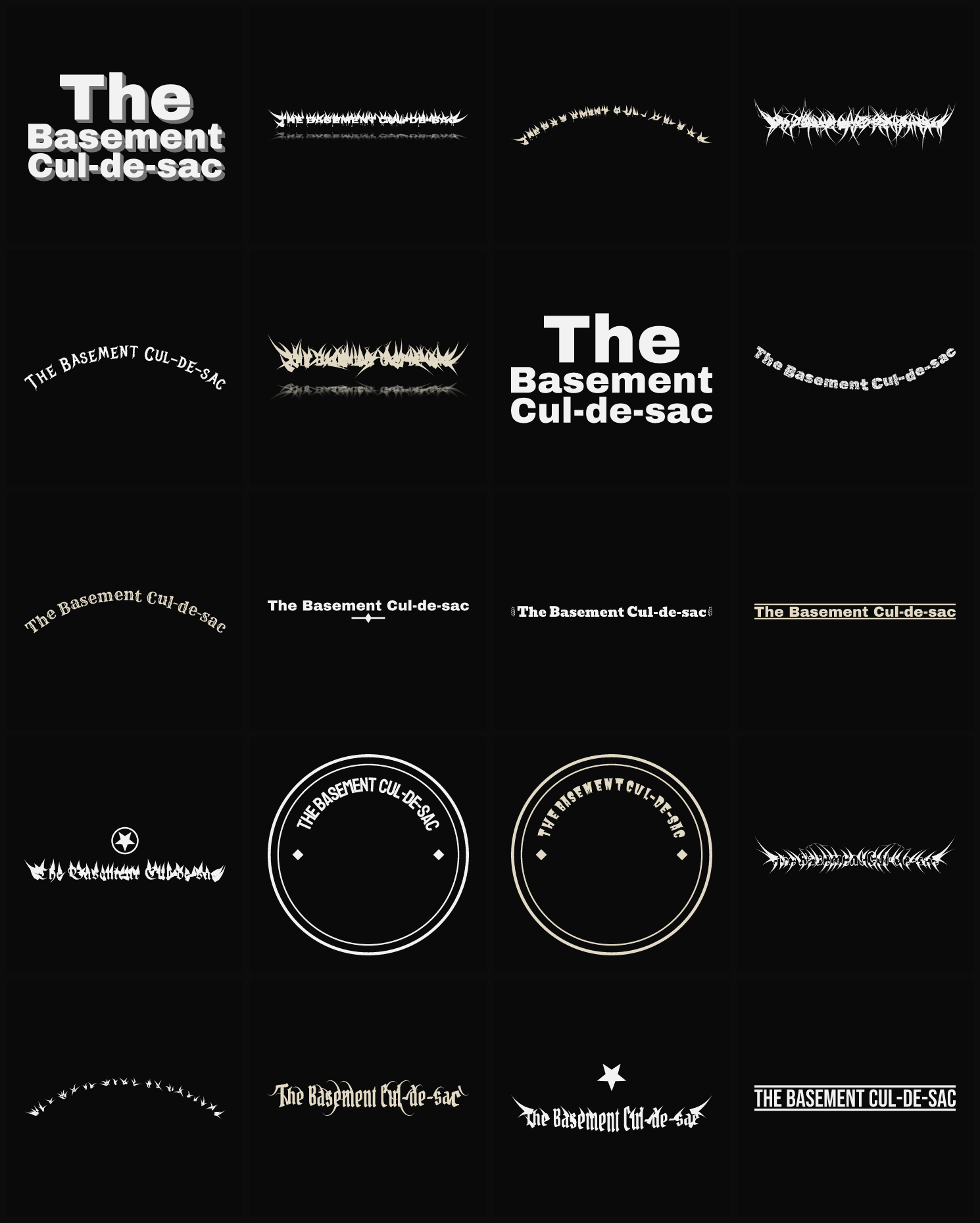 Twenty The Basement Cul-de-sac band logo ideas — different faces, treatments and spike settings