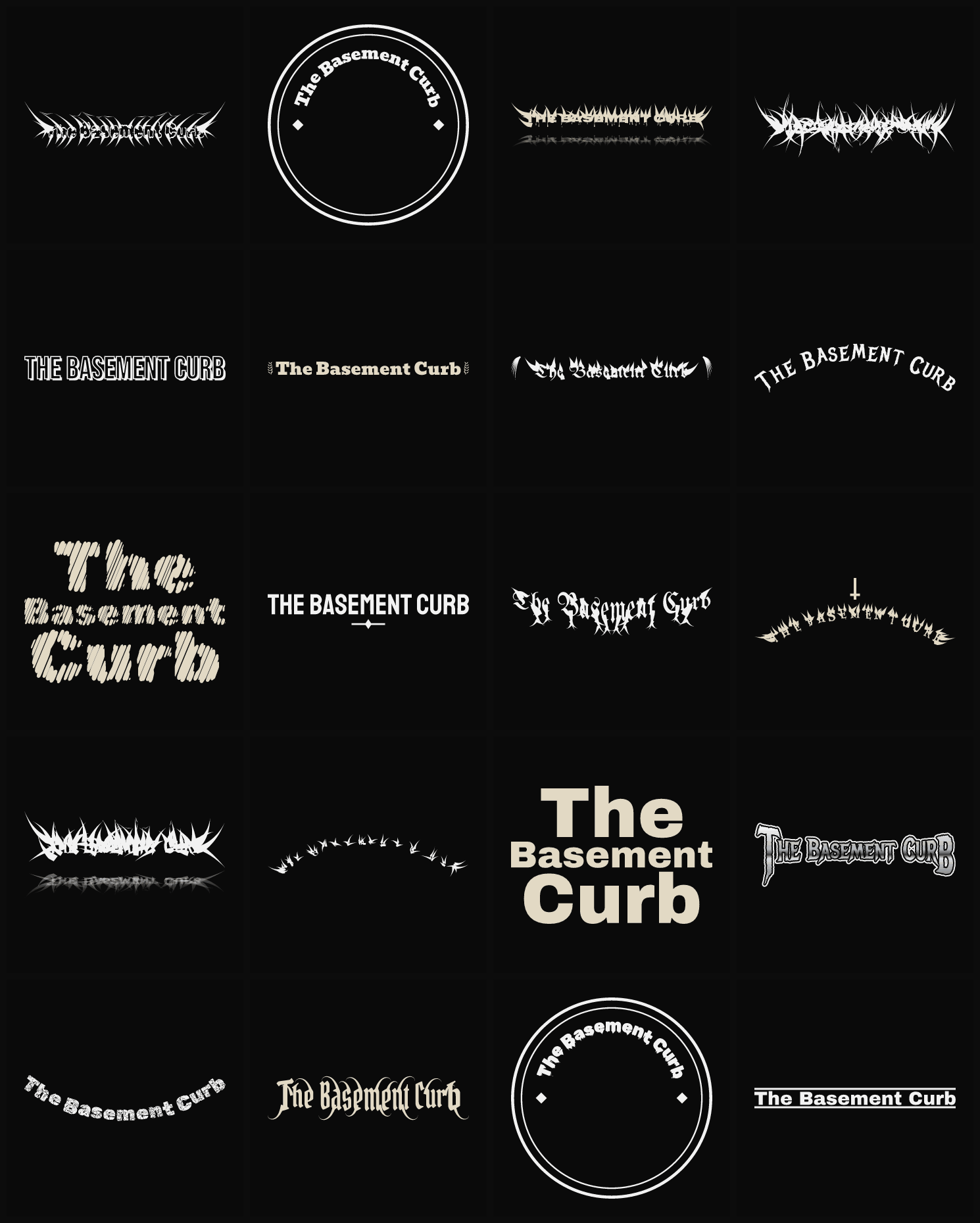 Twenty The Basement Curb band logo ideas — different faces, treatments and spike settings