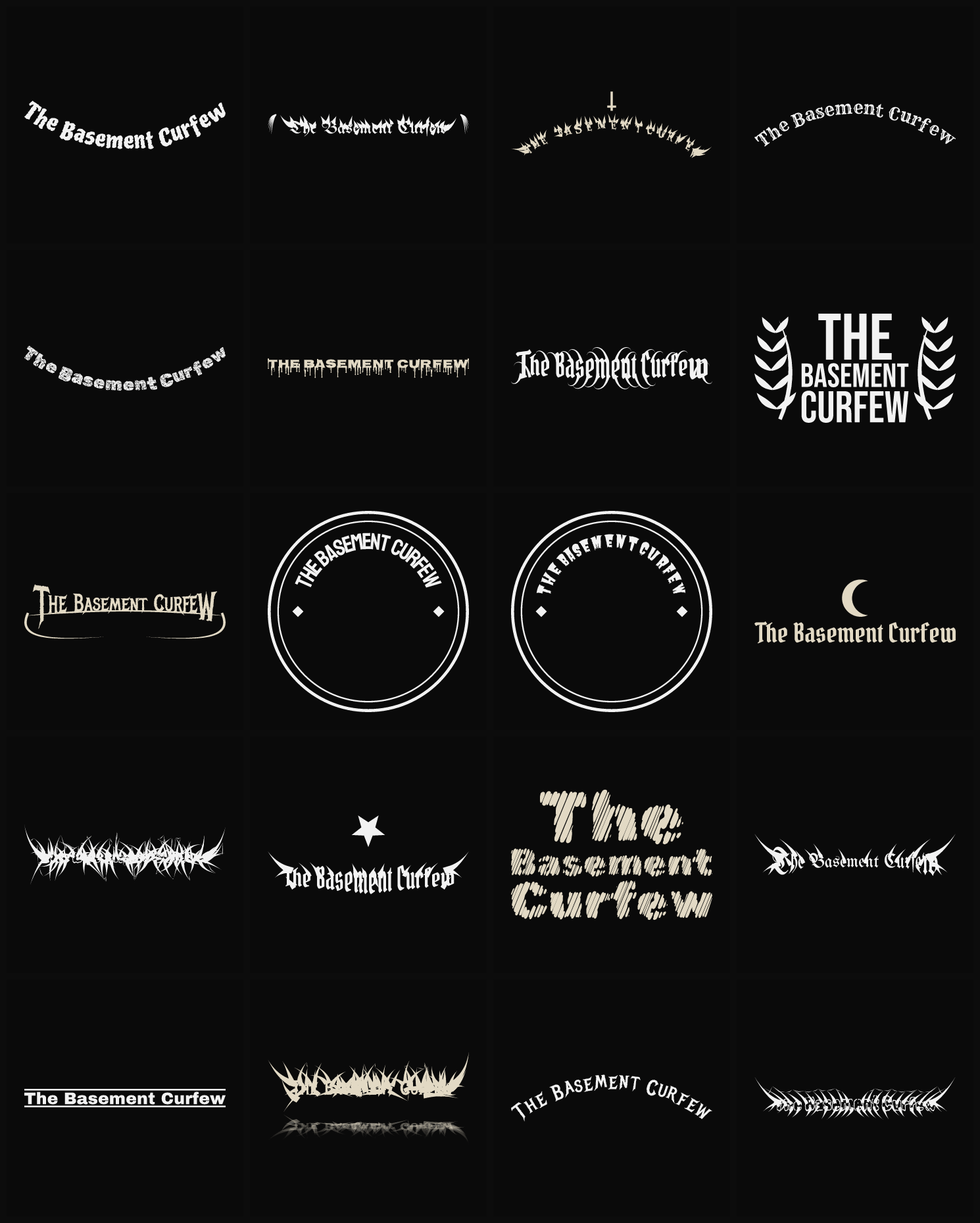 Twenty The Basement Curfew band logo ideas — different faces, treatments and spike settings