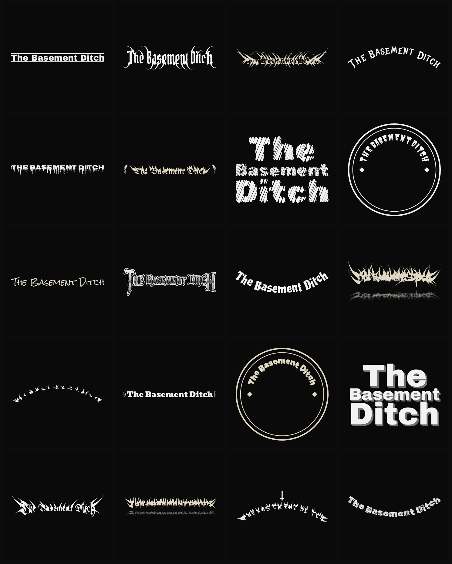 Twenty The Basement Ditch band logo ideas — different faces, treatments and spike settings