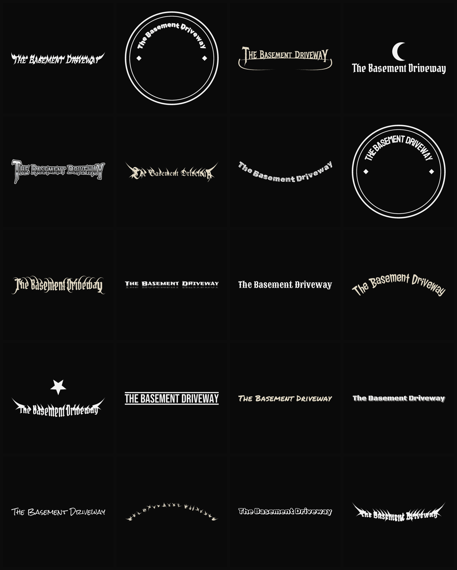 Twenty The Basement Driveway band logo ideas — different faces, treatments and spike settings