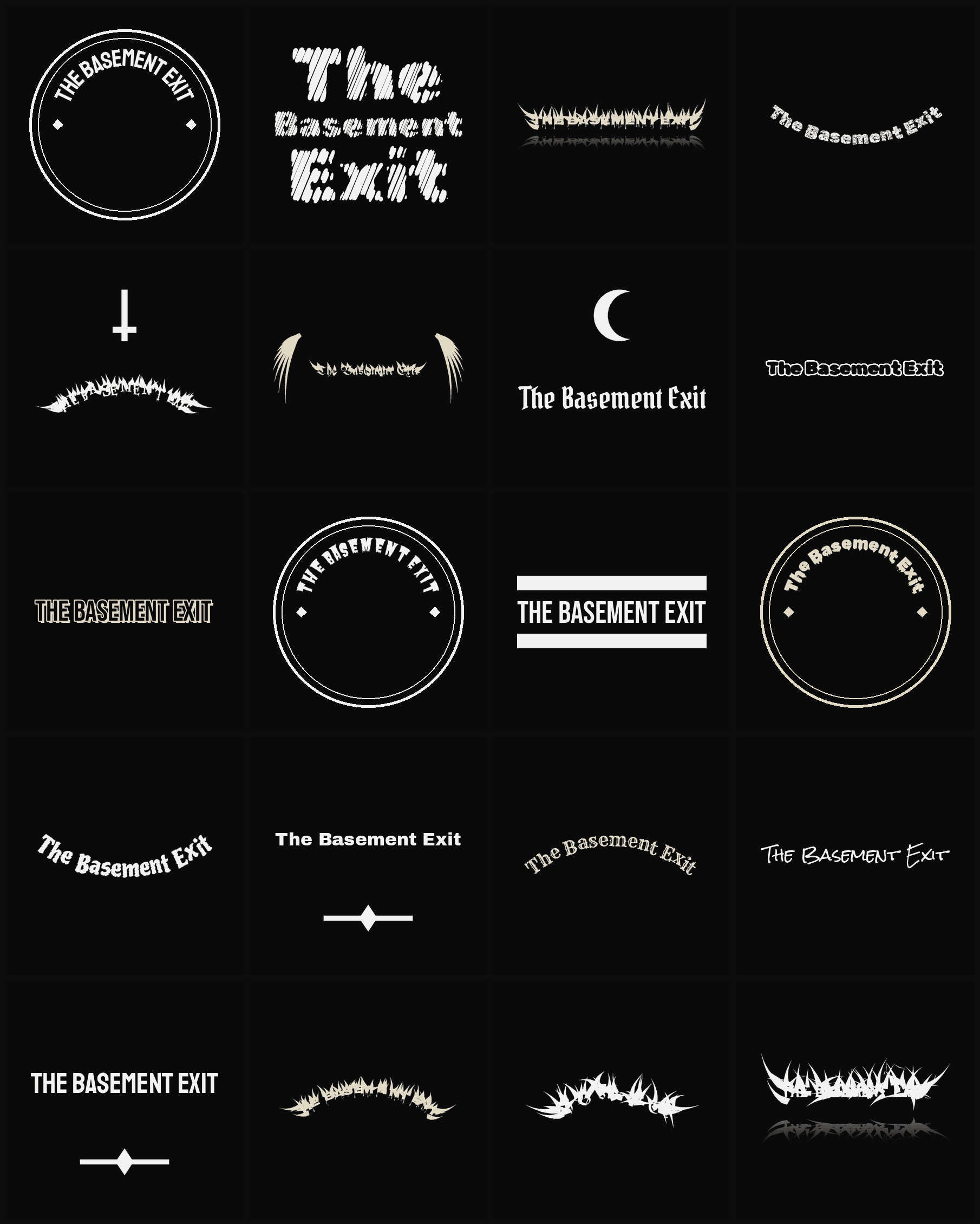 Twenty The Basement Exit band logo ideas — different faces, treatments and spike settings