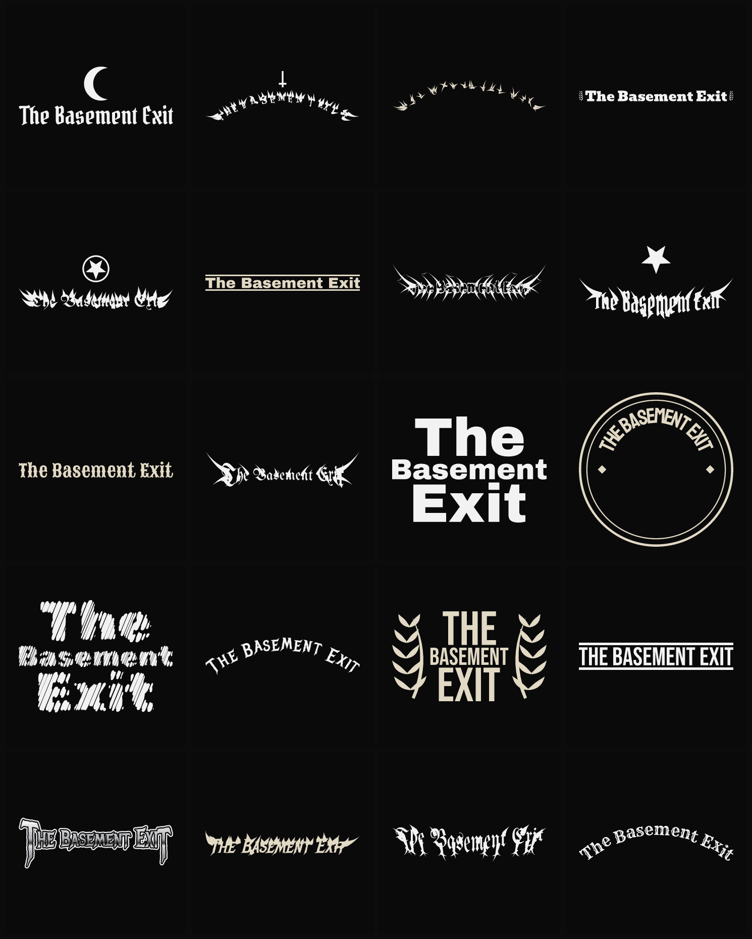 Twenty The Basement Exit band logo ideas — different faces, treatments and spike settings