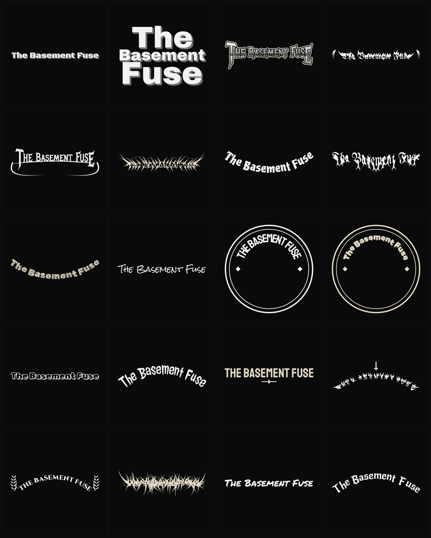Twenty The Basement Fuse band logo ideas — different faces, treatments and spike settings
