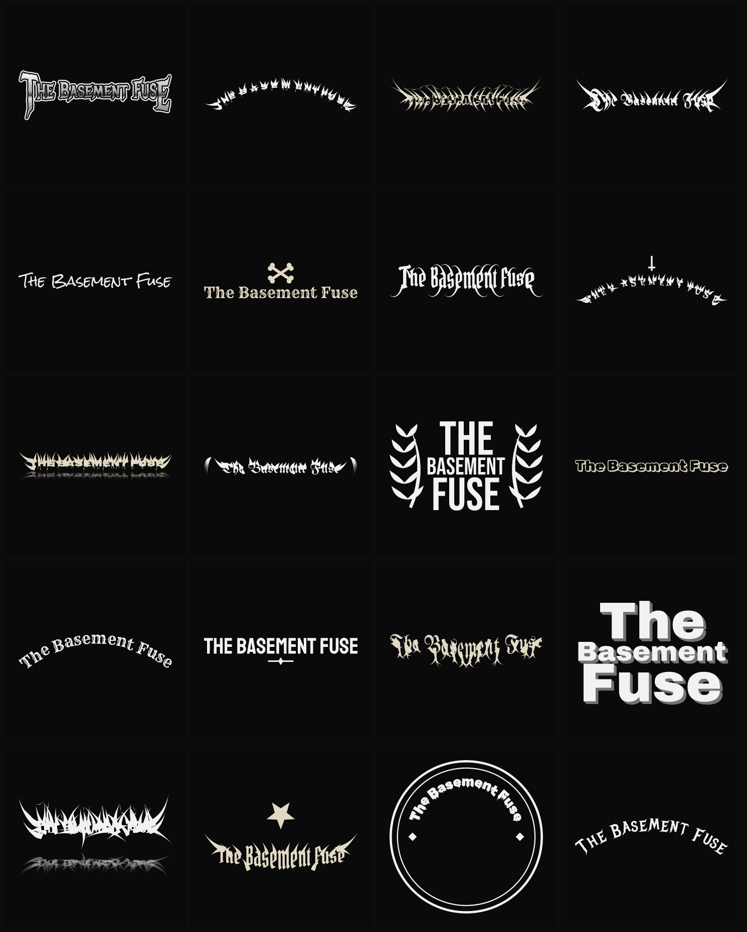 Twenty The Basement Fuse band logo ideas — different faces, treatments and spike settings