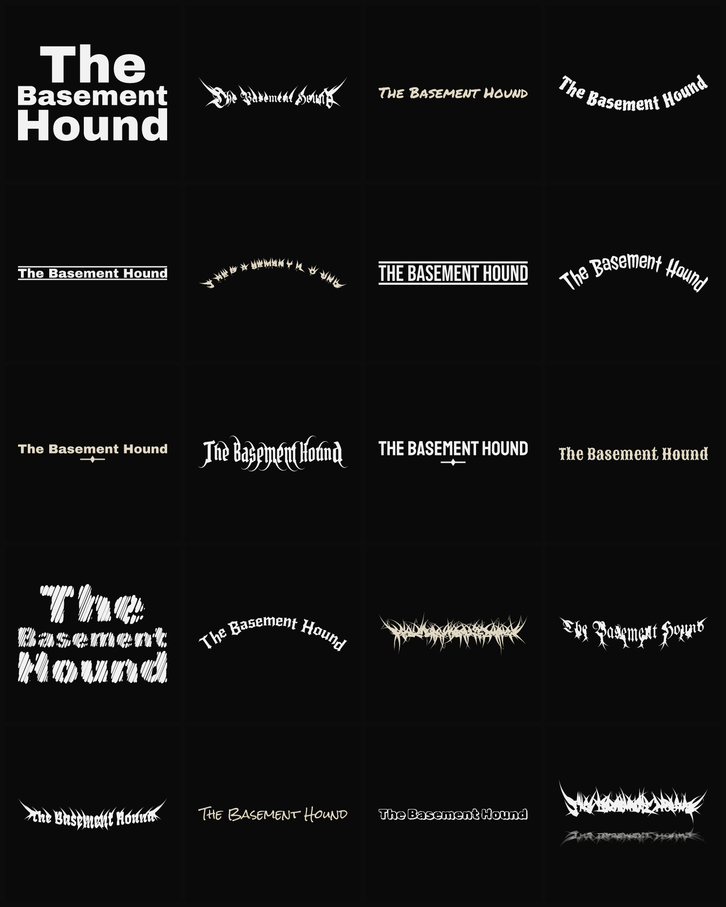 Twenty The Basement Hound band logo ideas — different faces, treatments and spike settings