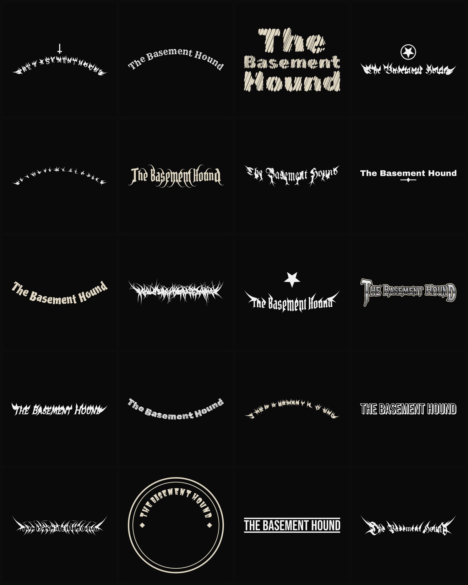 Twenty The Basement Hound band logo ideas — different faces, treatments and spike settings