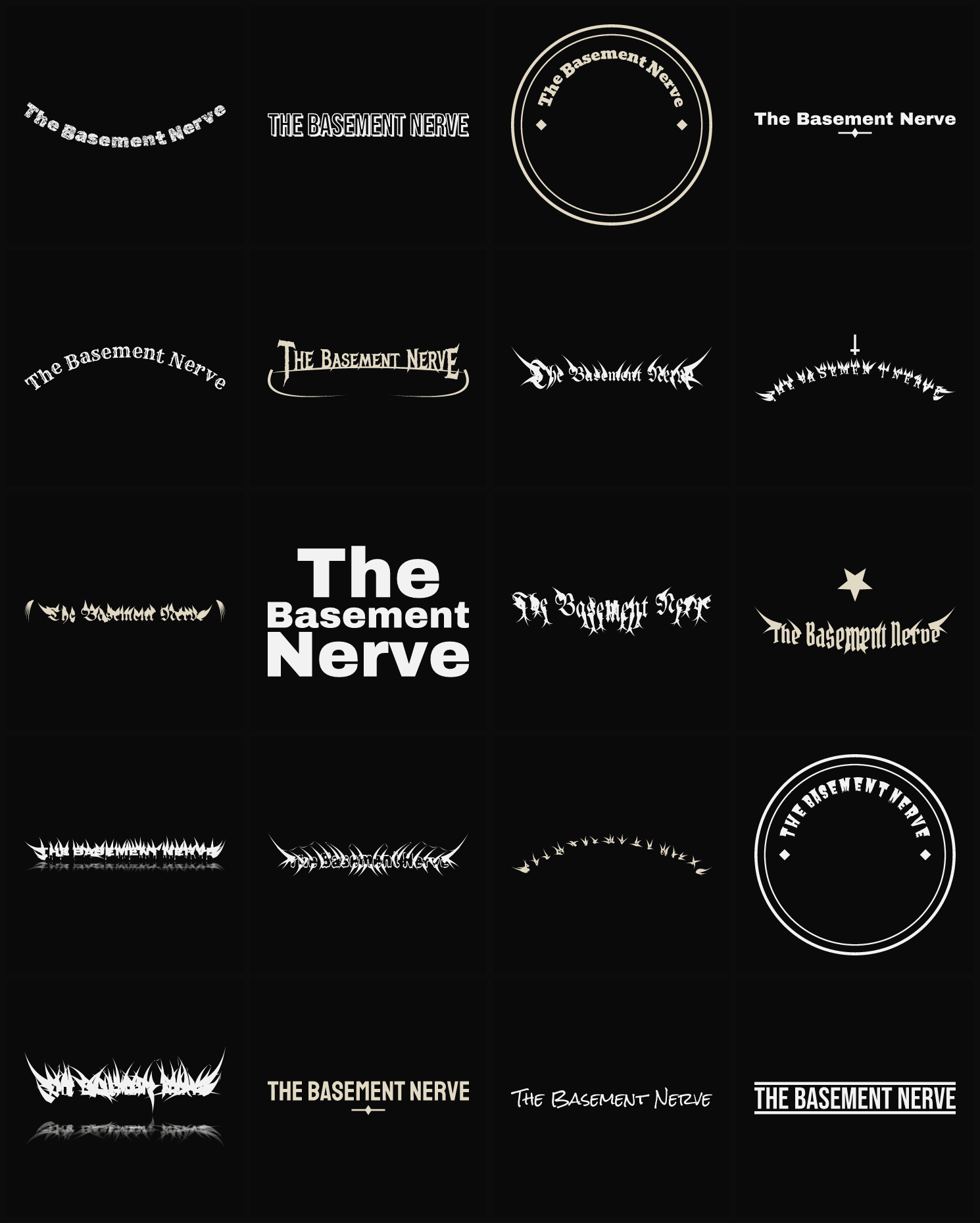 Twenty The Basement Nerve band logo ideas — different faces, treatments and spike settings