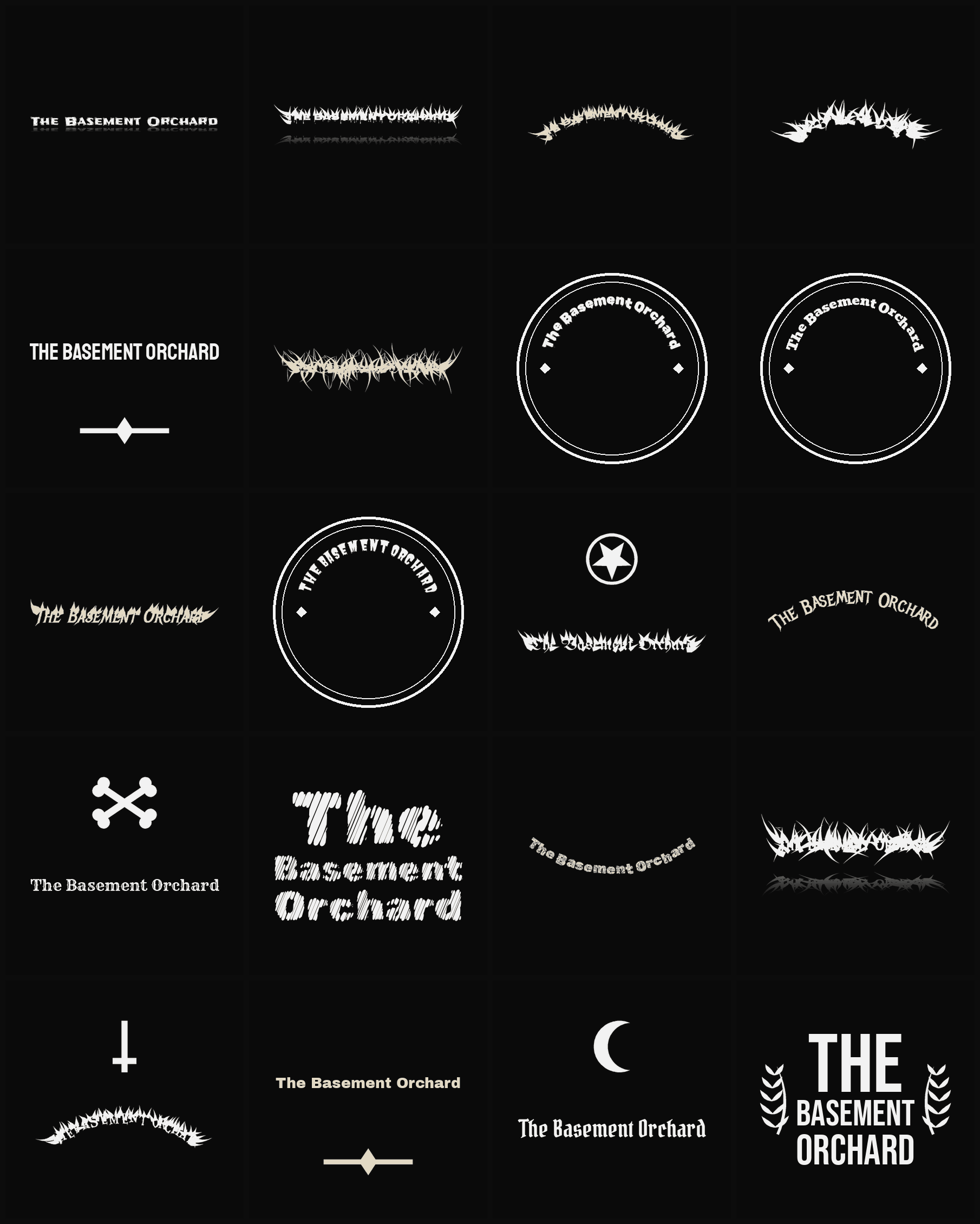 Twenty The Basement Orchard band logo ideas — different faces, treatments and spike settings