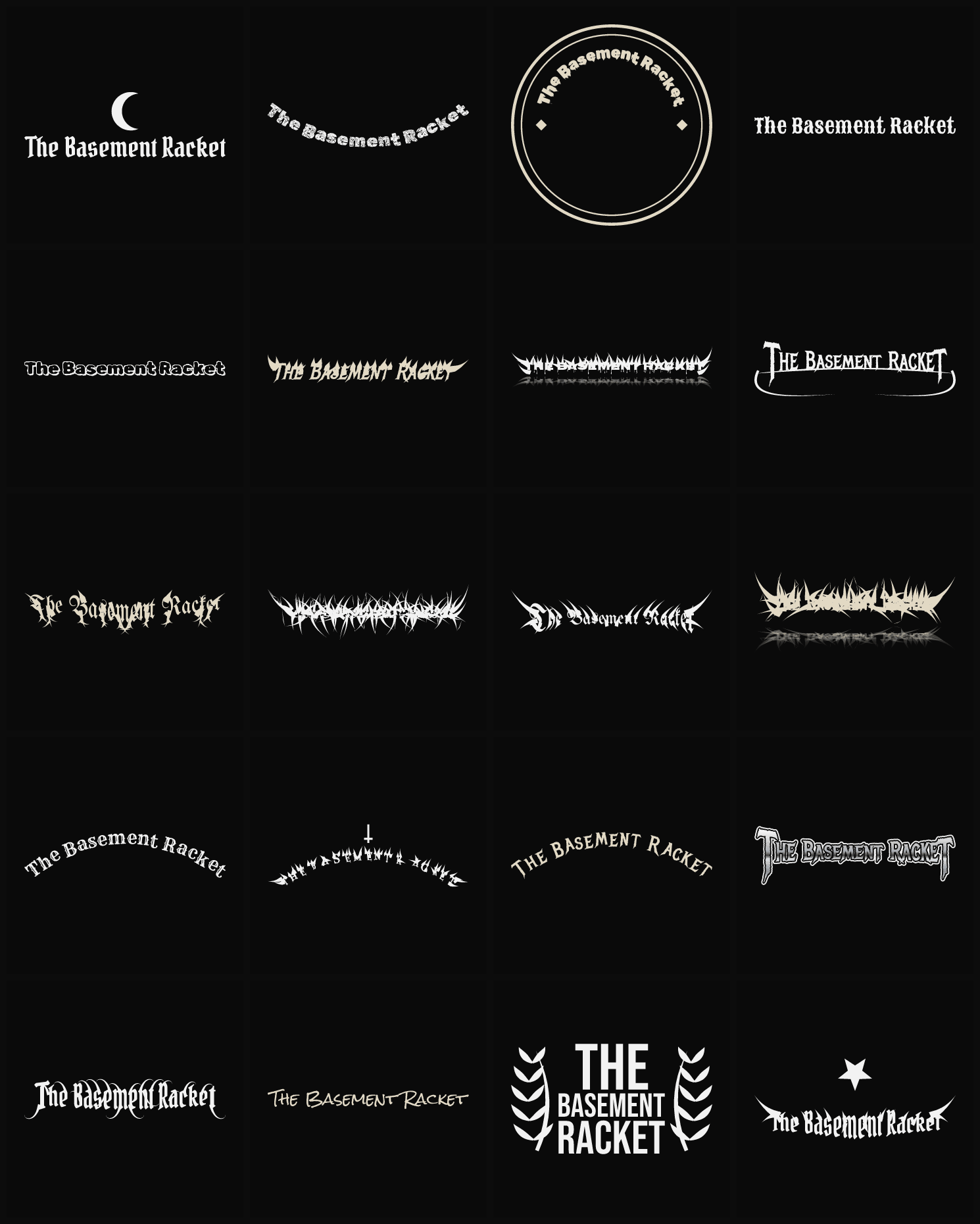 Twenty The Basement Racket band logo ideas — different faces, treatments and spike settings
