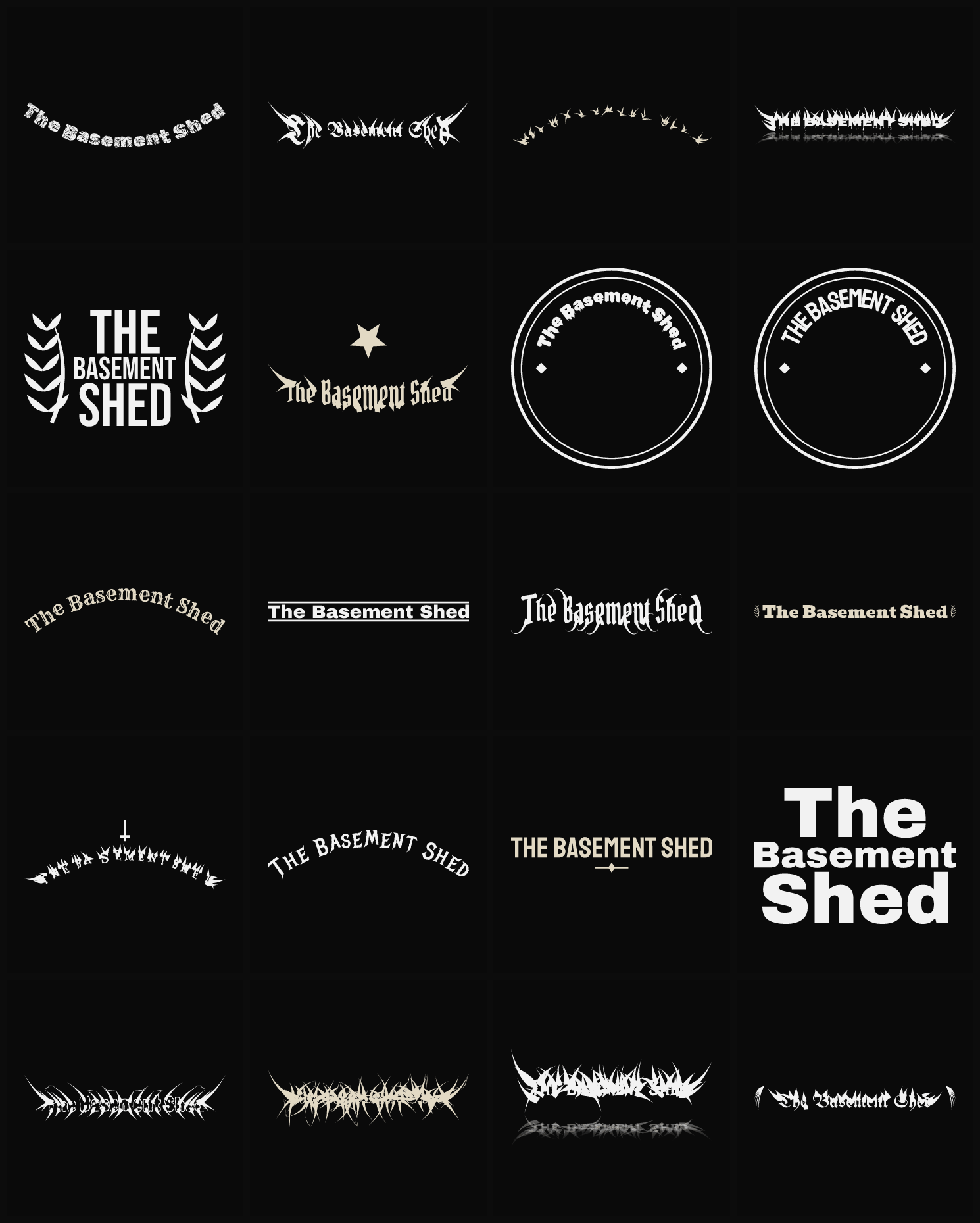 Twenty The Basement Shed band logo ideas — different faces, treatments and spike settings