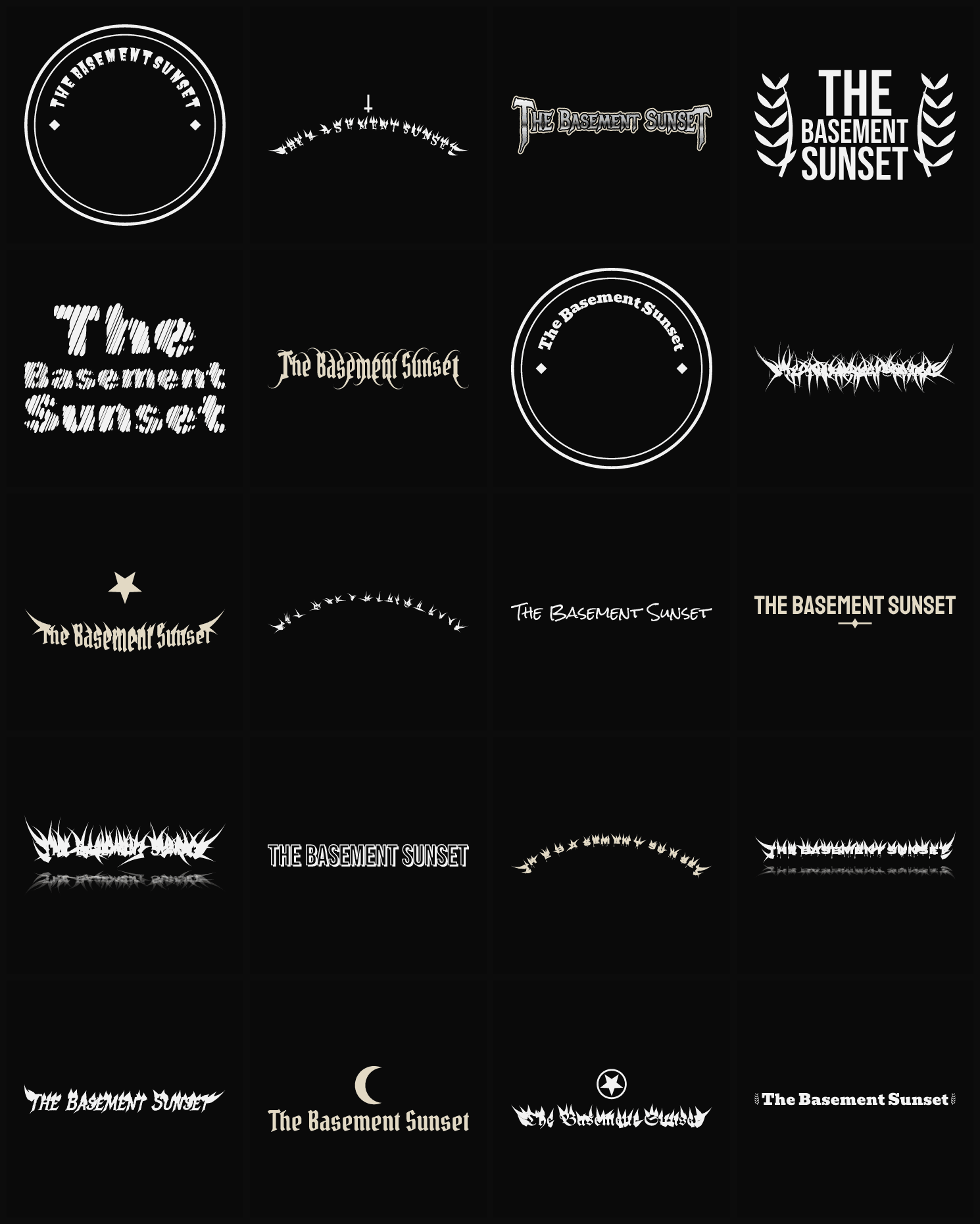 Twenty The Basement Sunset band logo ideas — different faces, treatments and spike settings