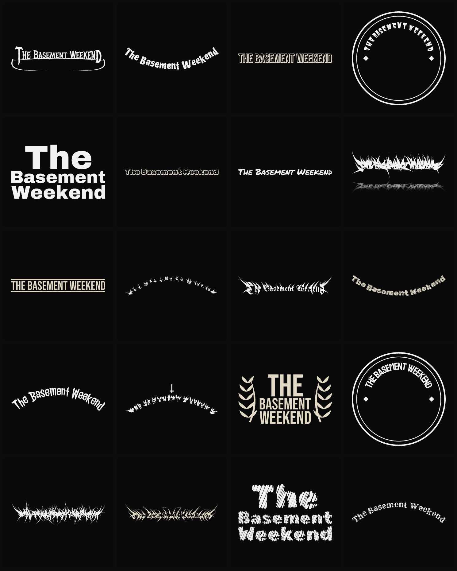 Twenty The Basement Weekend band logo ideas — different faces, treatments and spike settings