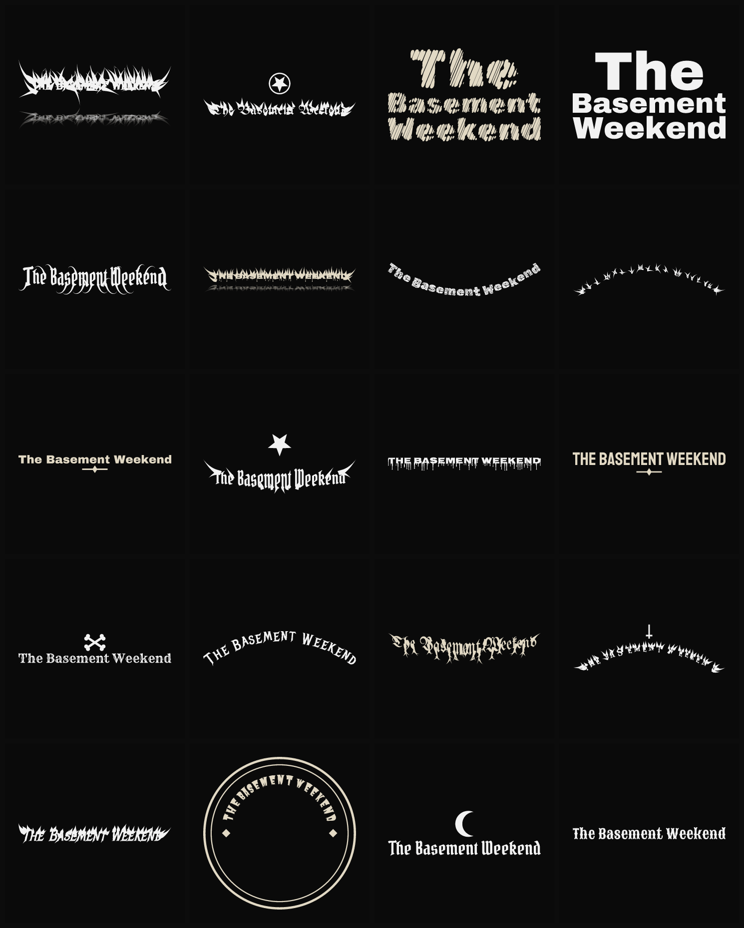 Twenty The Basement Weekend band logo ideas — different faces, treatments and spike settings