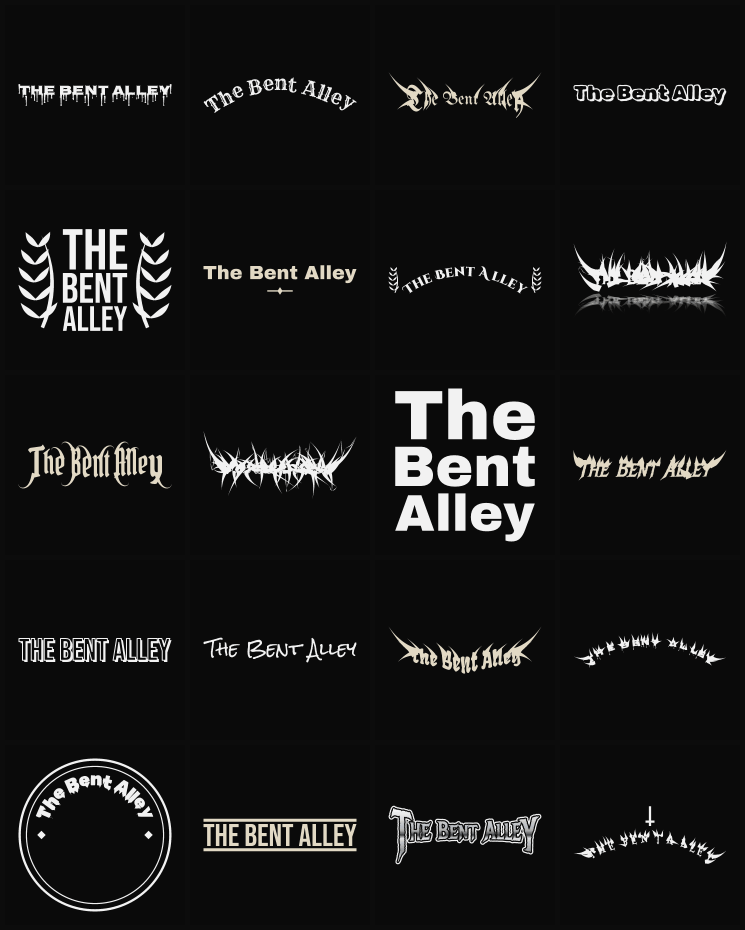 Twenty The Bent Alley band logo ideas — different faces, treatments and spike settings
