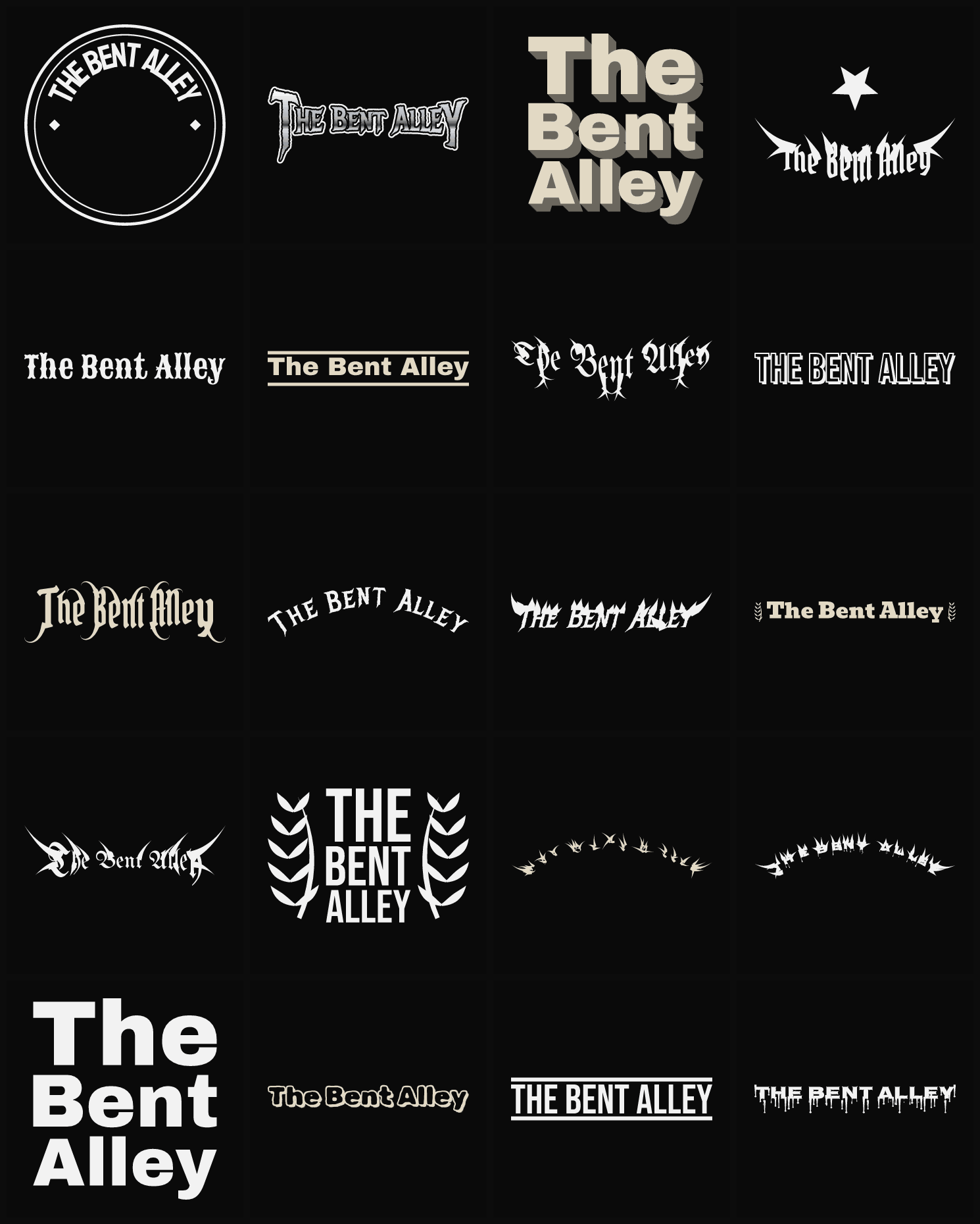 Twenty The Bent Alley band logo ideas — different faces, treatments and spike settings