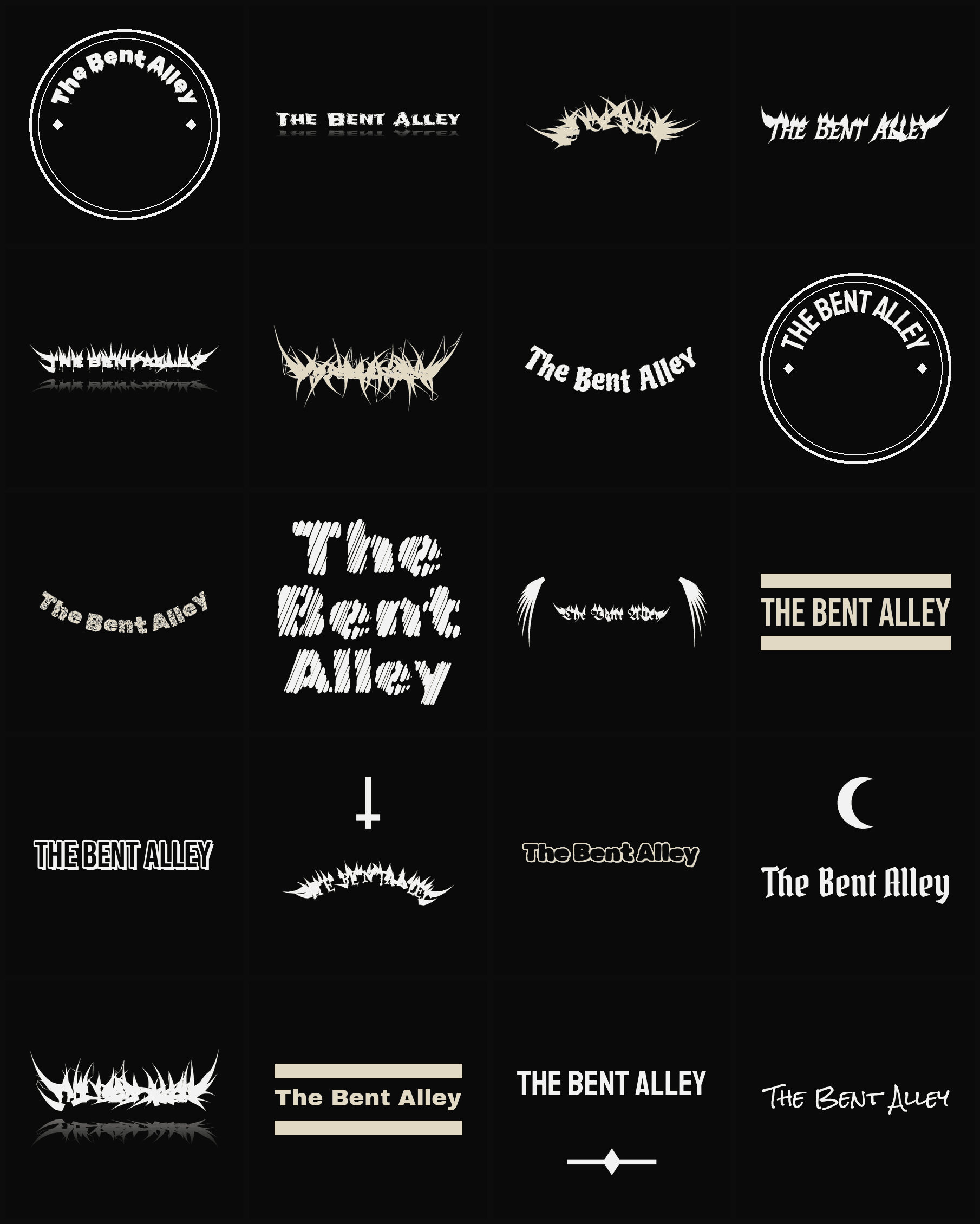 Twenty The Bent Alley band logo ideas — different faces, treatments and spike settings