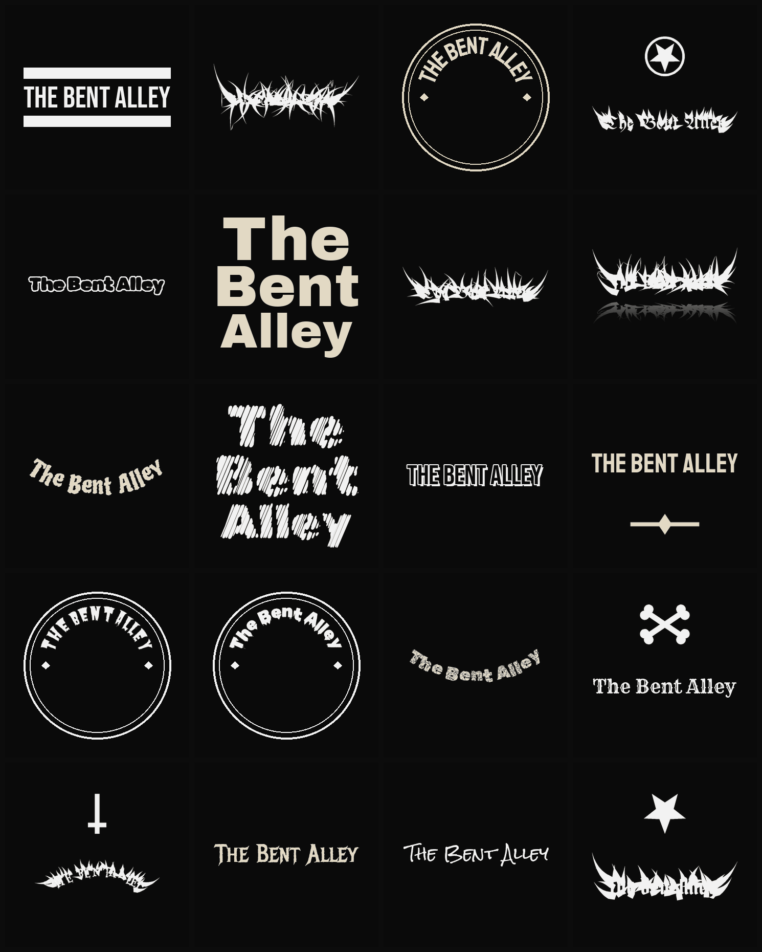 Twenty The Bent Alley band logo ideas — different faces, treatments and spike settings