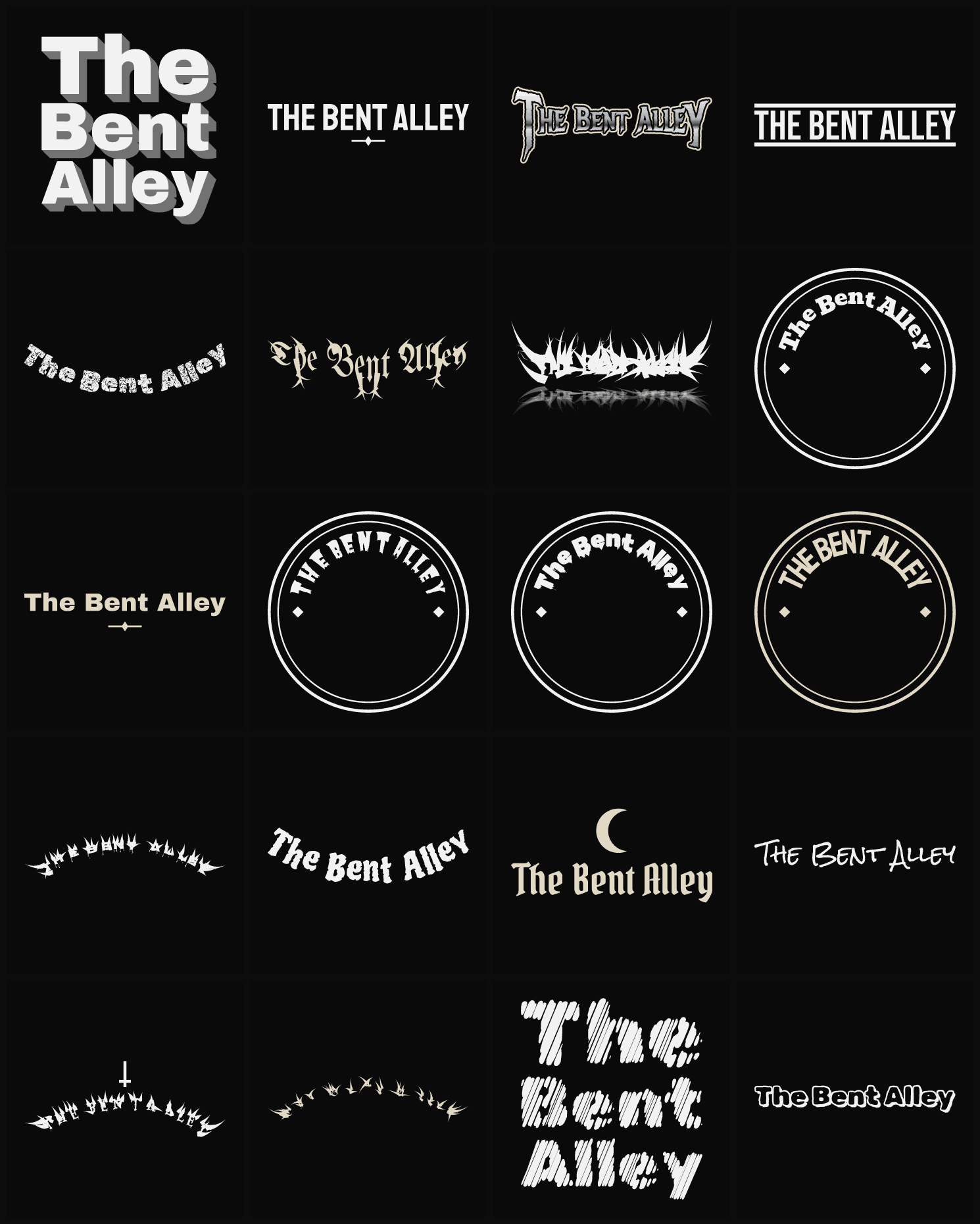 Twenty The Bent Alley band logo ideas — different faces, treatments and spike settings
