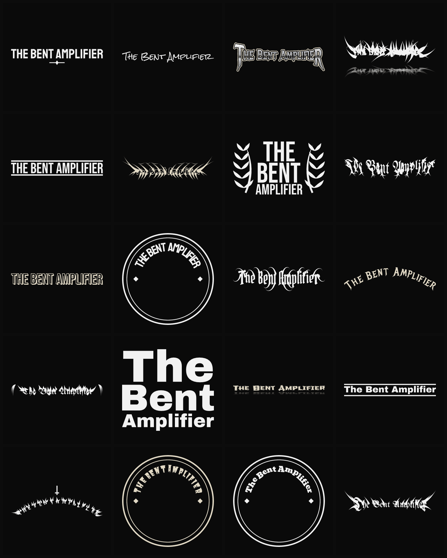 Twenty The Bent Amplifier band logo ideas — different faces, treatments and spike settings