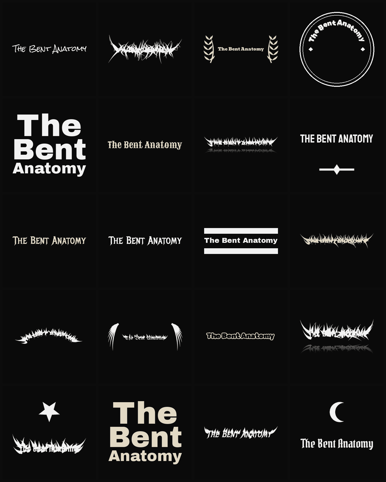 Twenty The Bent Anatomy band logo ideas — different faces, treatments and spike settings