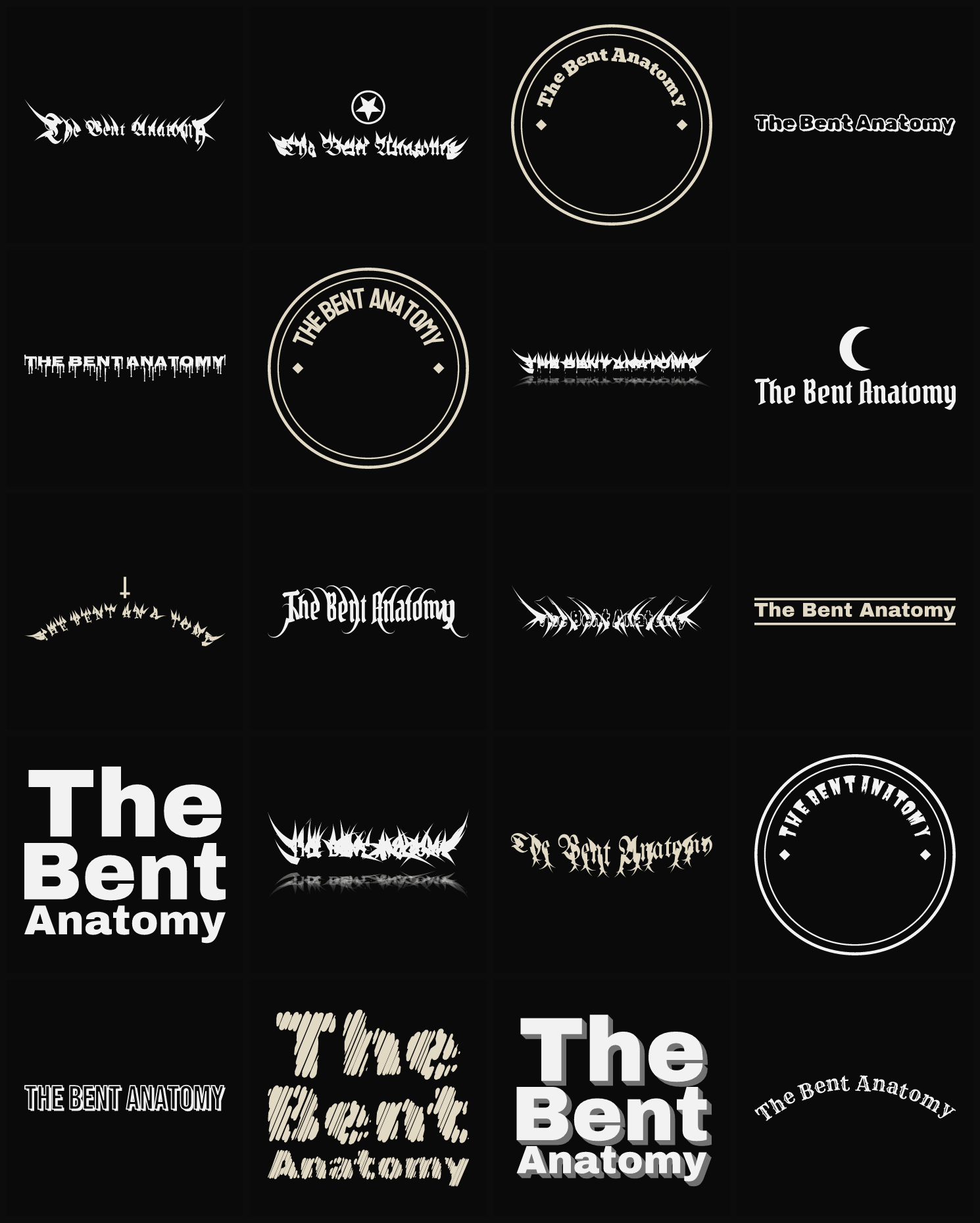 Twenty The Bent Anatomy band logo ideas — different faces, treatments and spike settings