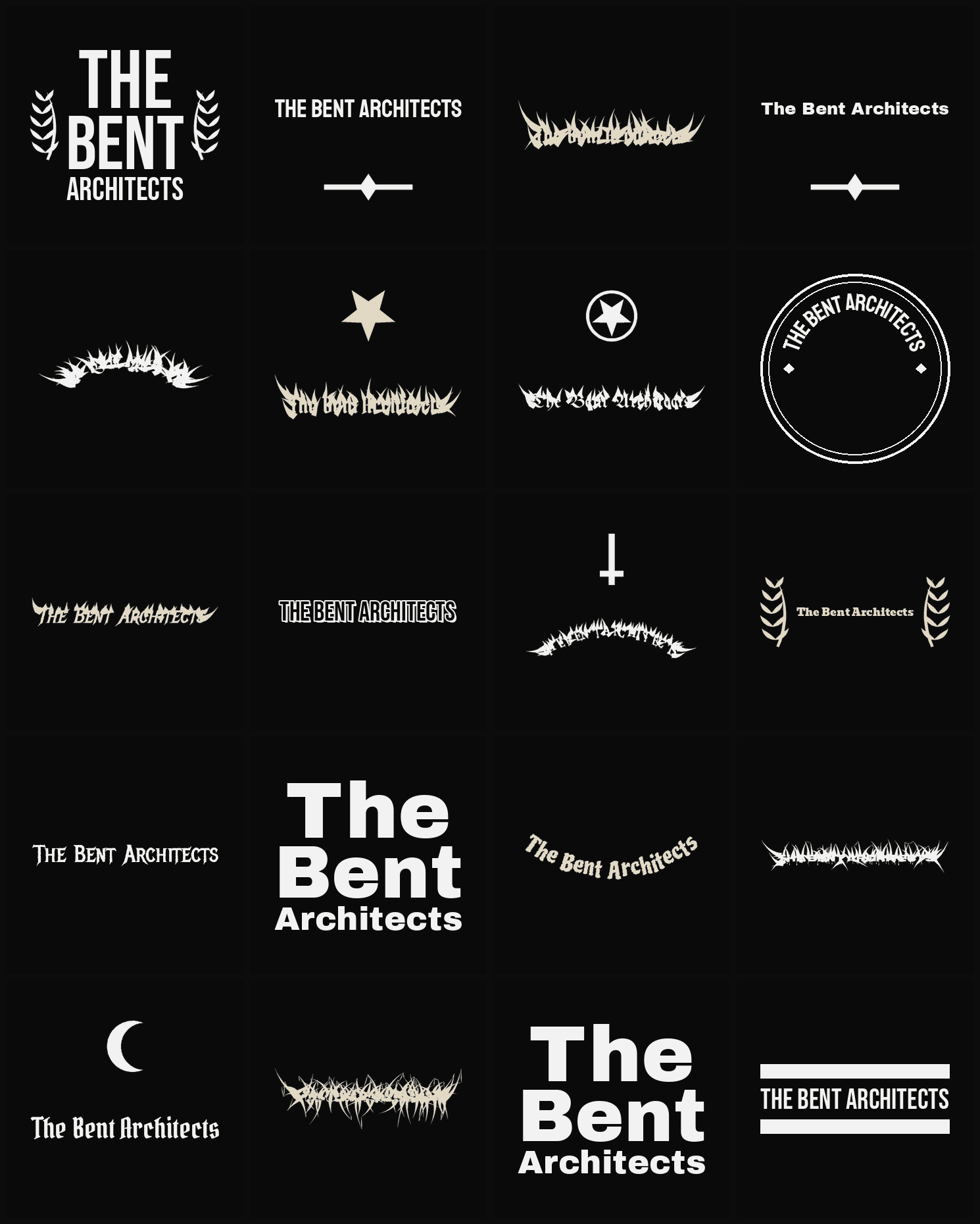 Twenty The Bent Architects band logo ideas — different faces, treatments and spike settings
