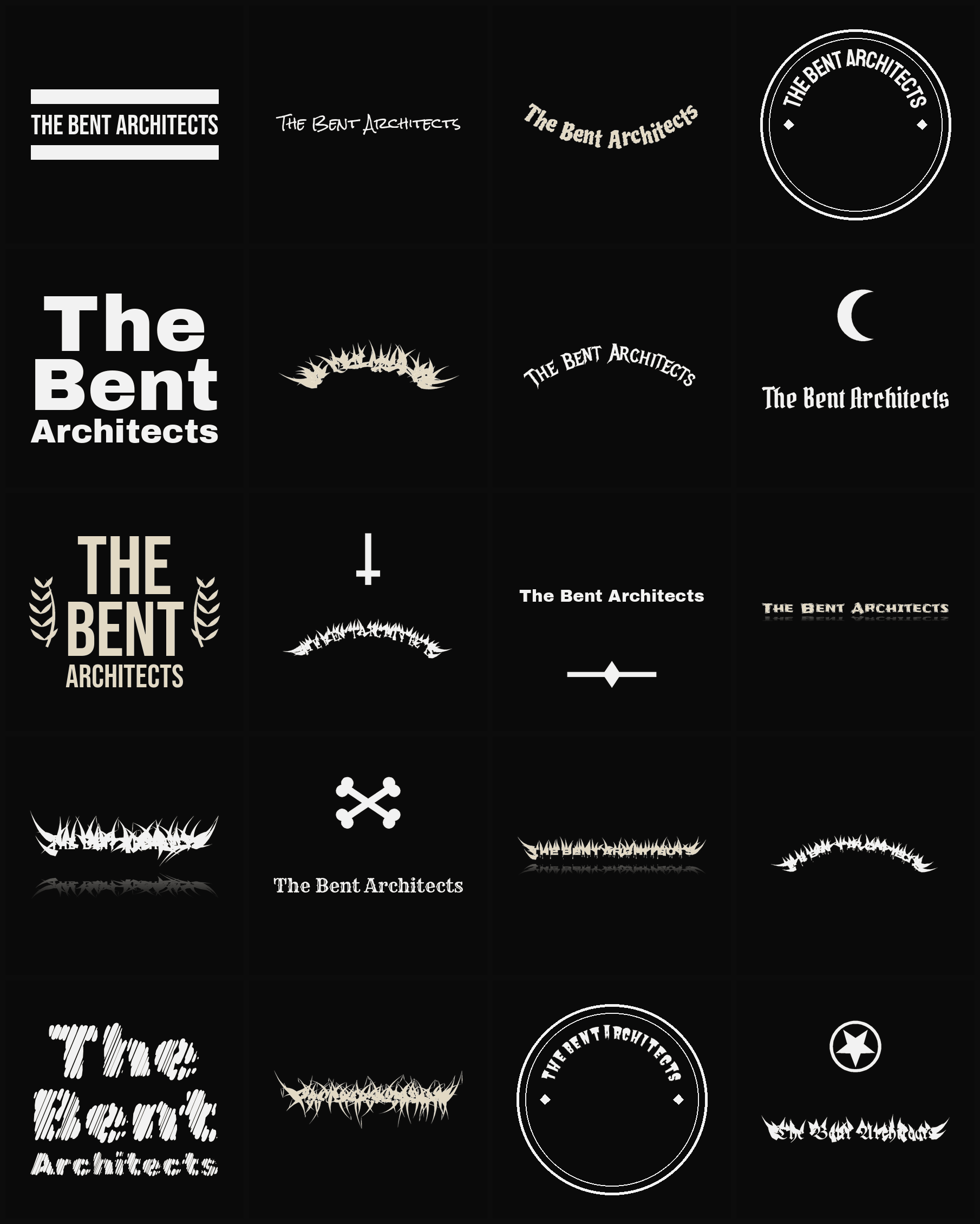 Twenty The Bent Architects band logo ideas — different faces, treatments and spike settings